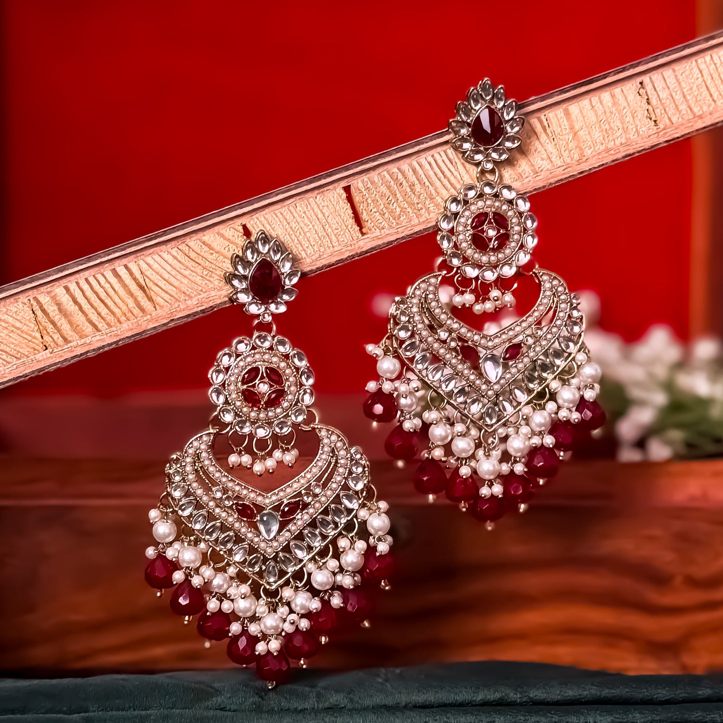 Shaba Jadau Kundan Chandbali Earrings - Maroon