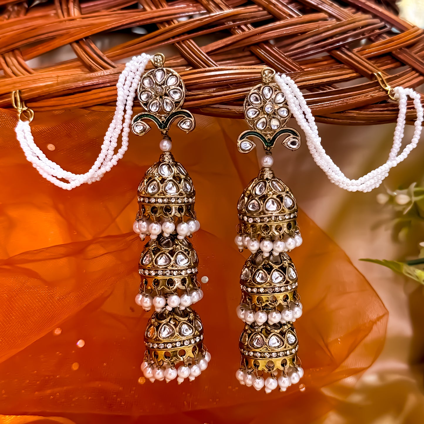 Marwan Layered Jhumka Earrings with Earchains - Golden