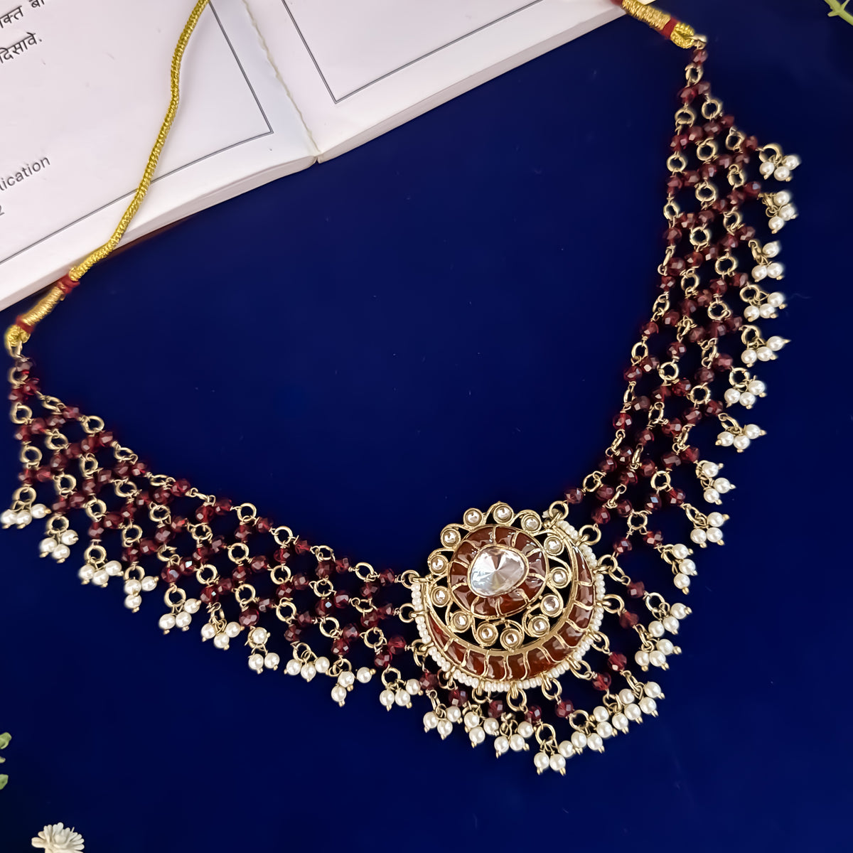 Maroon Sanidhya Intricate Pearl Work Necklace set
