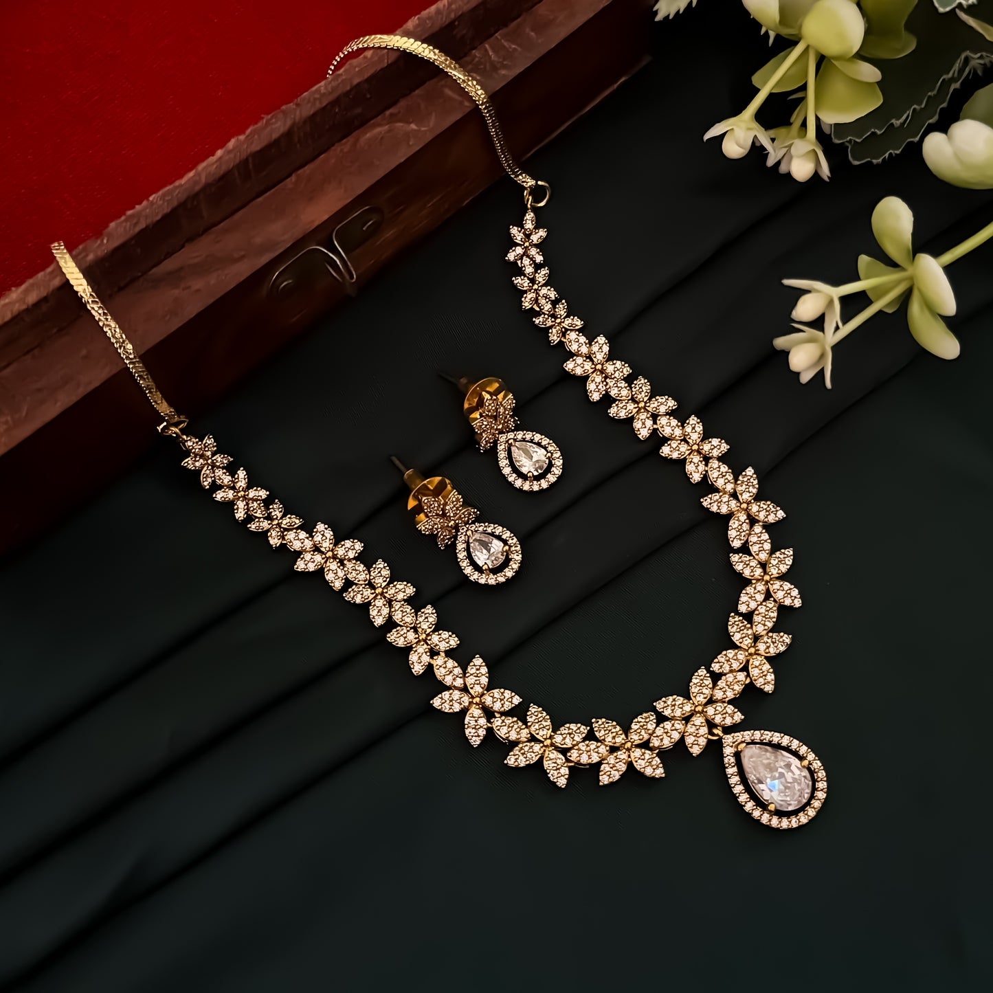 Vaishnavi American Diamond Necklace Set - Golden