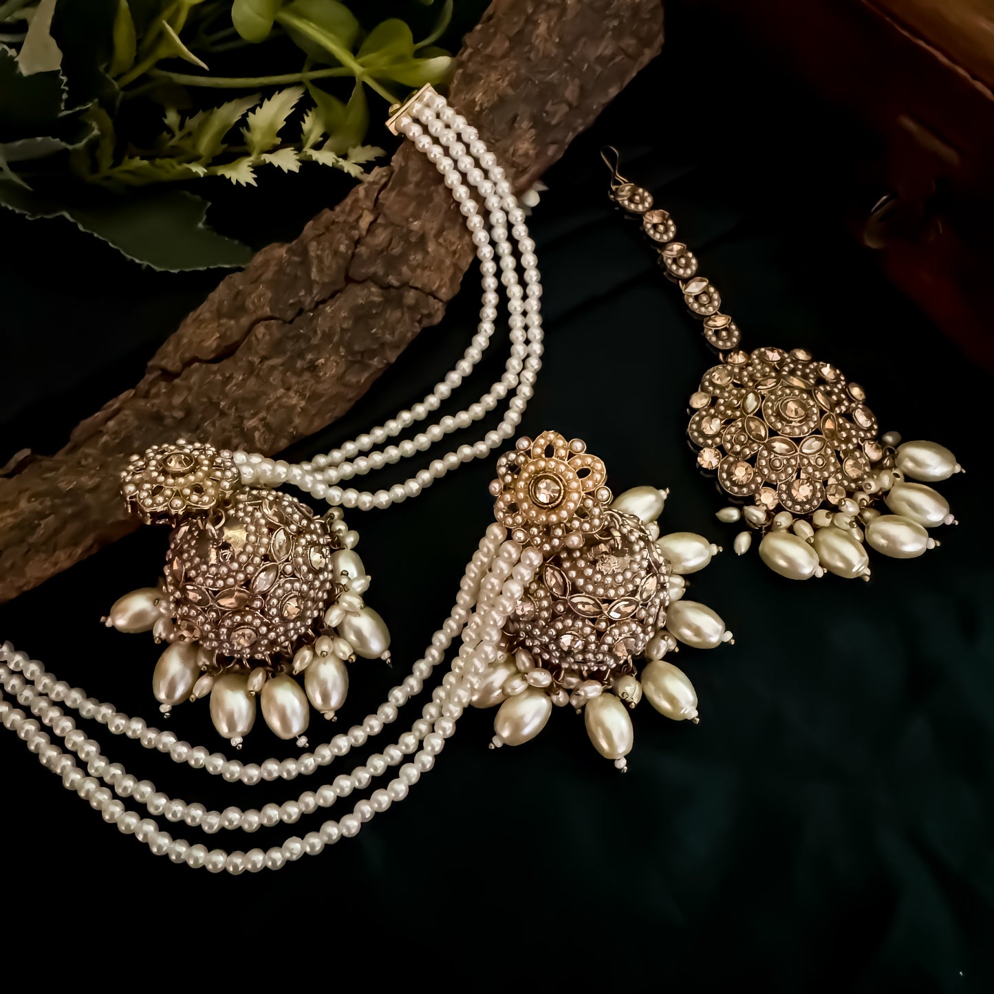 Mahtaab Jadau Reverse AD Jhumka Earrings with Earchain & Teeka - Golden