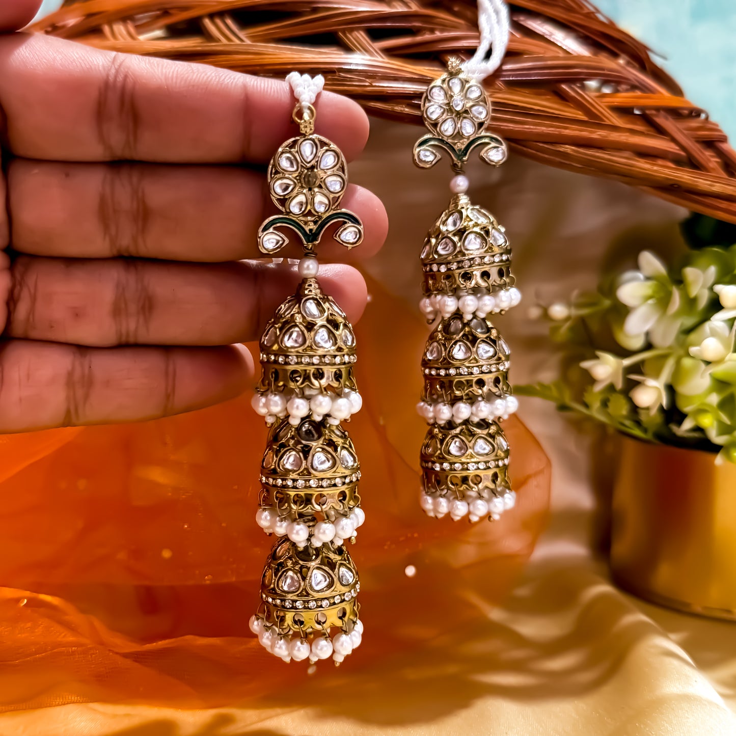 Marwan Layered Jhumka Earrings with Earchains - Golden