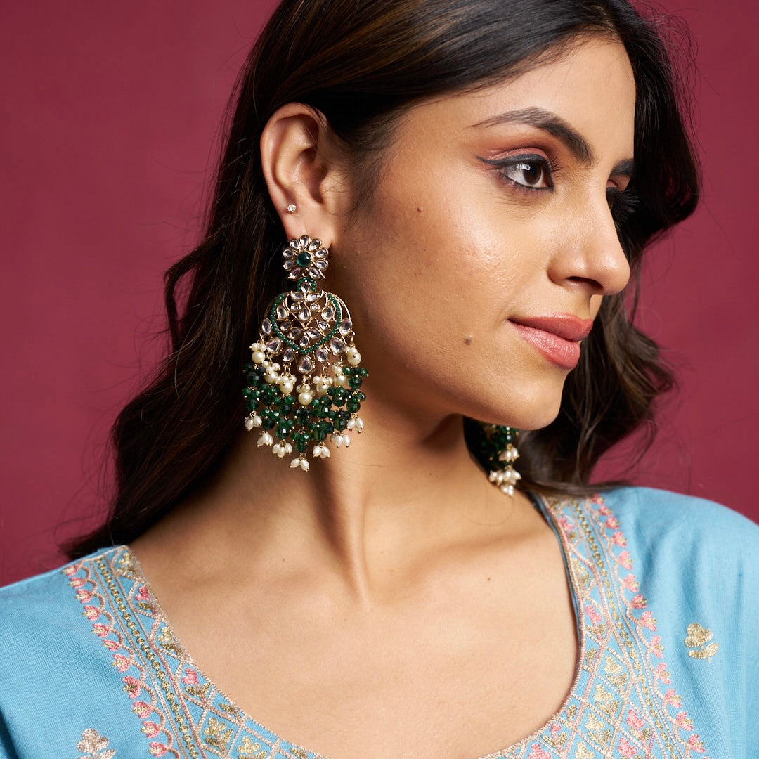 Aayat Kundan Pearl Chandbali Earrings - Green