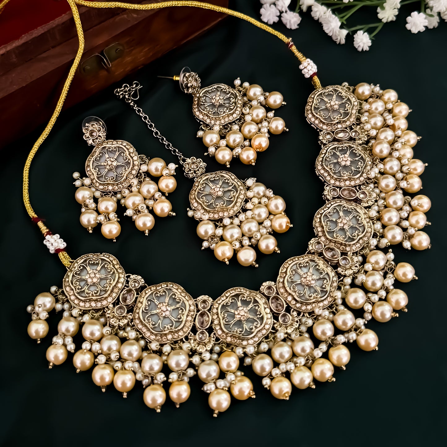 Sariska Pearl Loaded MOP Necklace Set - Golden