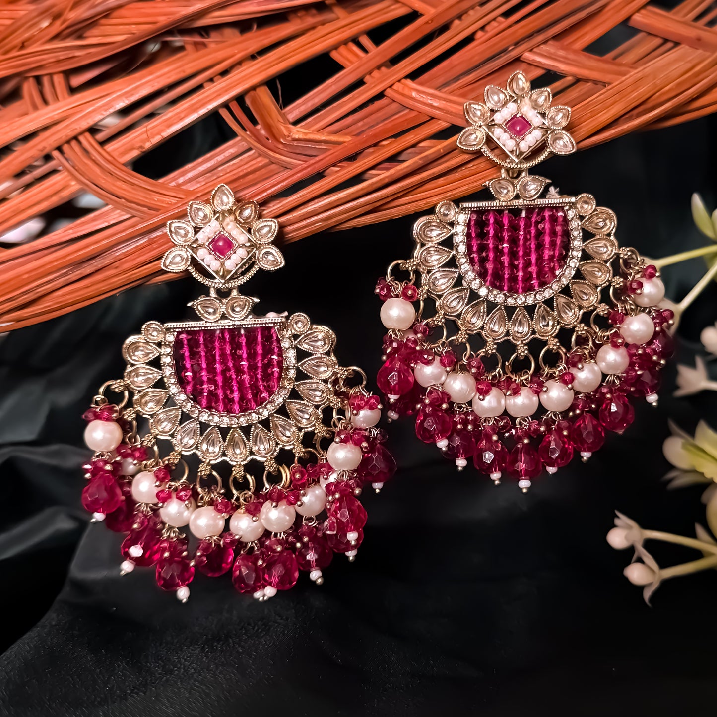 Mansa Kundan Pearl Chandbali - Hot Pink