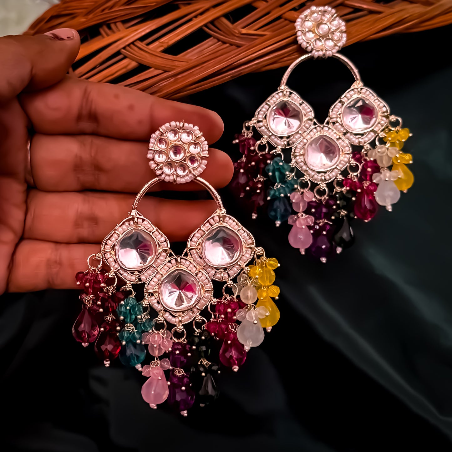 Manpreet Kundan Chandbali Earrings- Multi