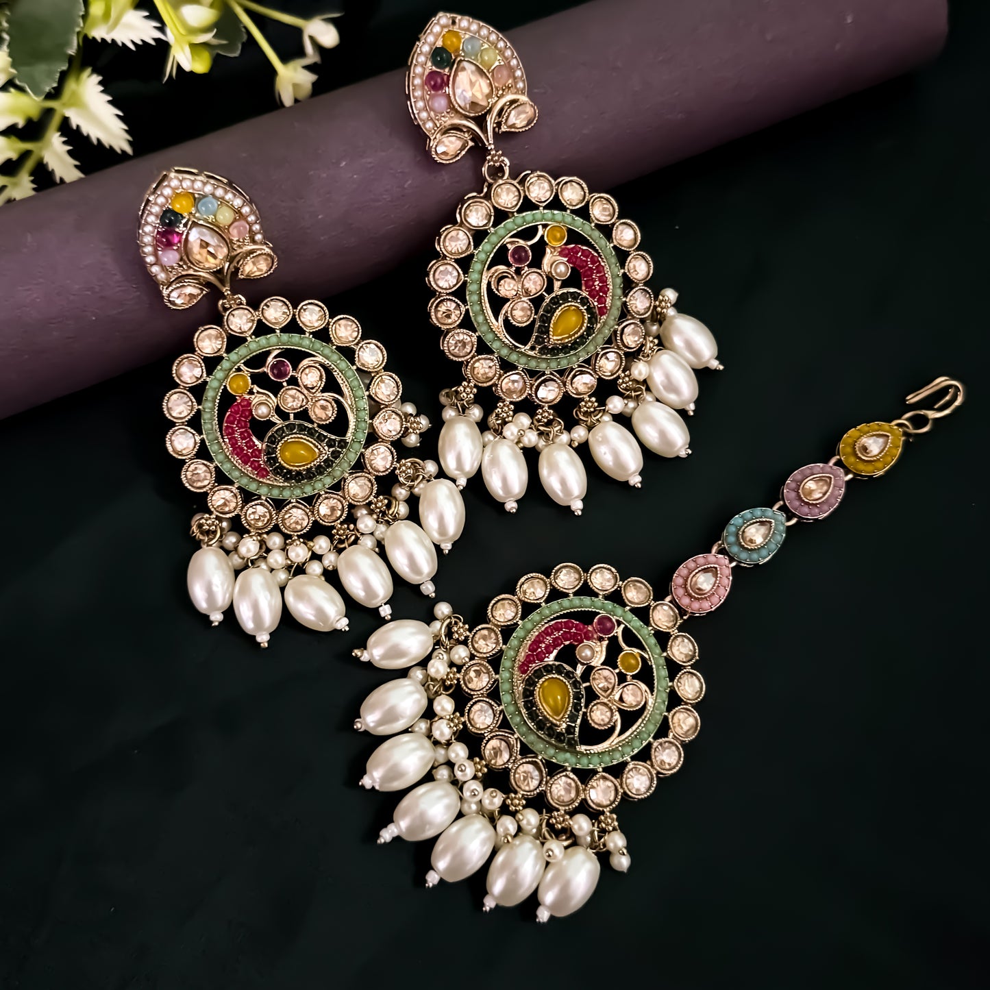 Lisha Jadau (Reverse AD) Earrings & Mangtika Set - Multi