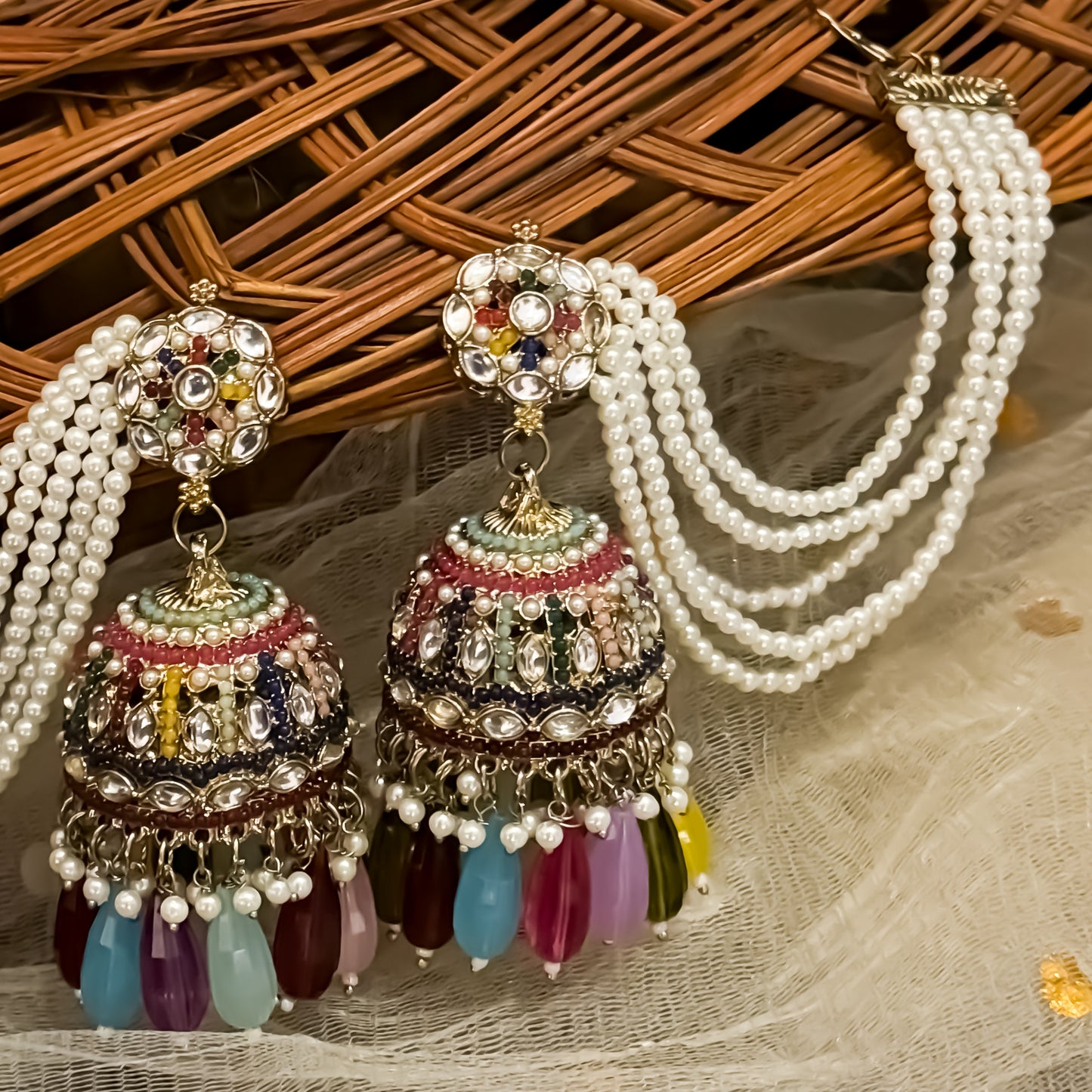 Mehvish Jadau Reverse AD Jhumka Earrings with Earchain - Multi