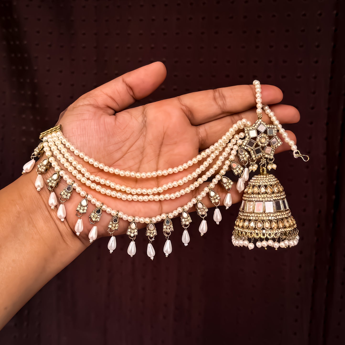 Rani Padmavat Jadau Jhumka Earrings with Sahara & Teeka - Golden