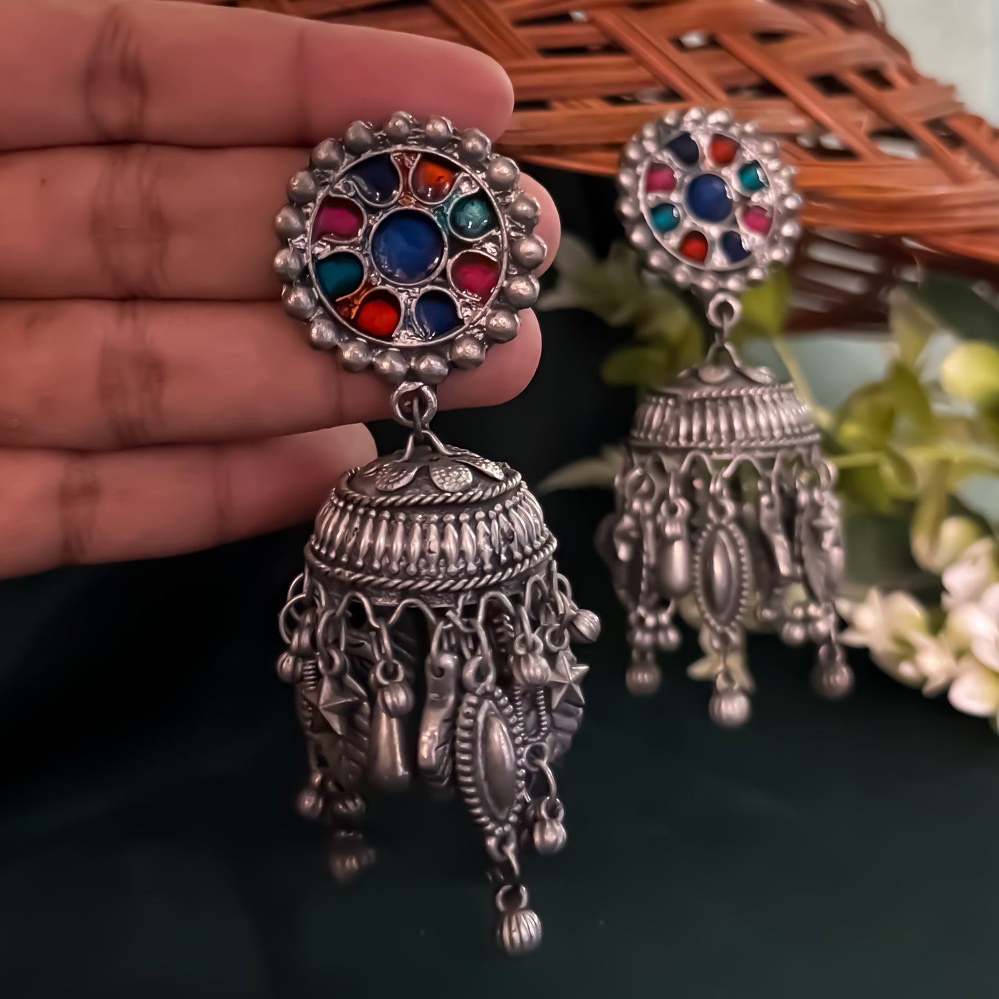 Neha Vintage Polish Jhumka Earrings- Multi