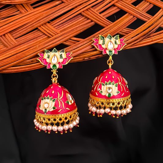 Meenakari Lotus Jhumka Earrings- Pink