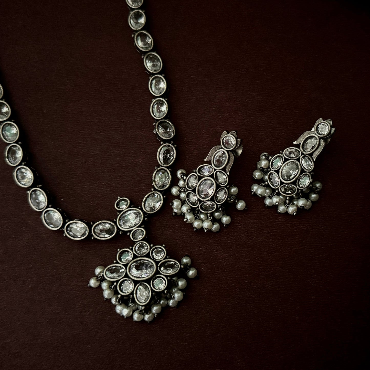 Diya Zircon Silver Brass Neccklace Set