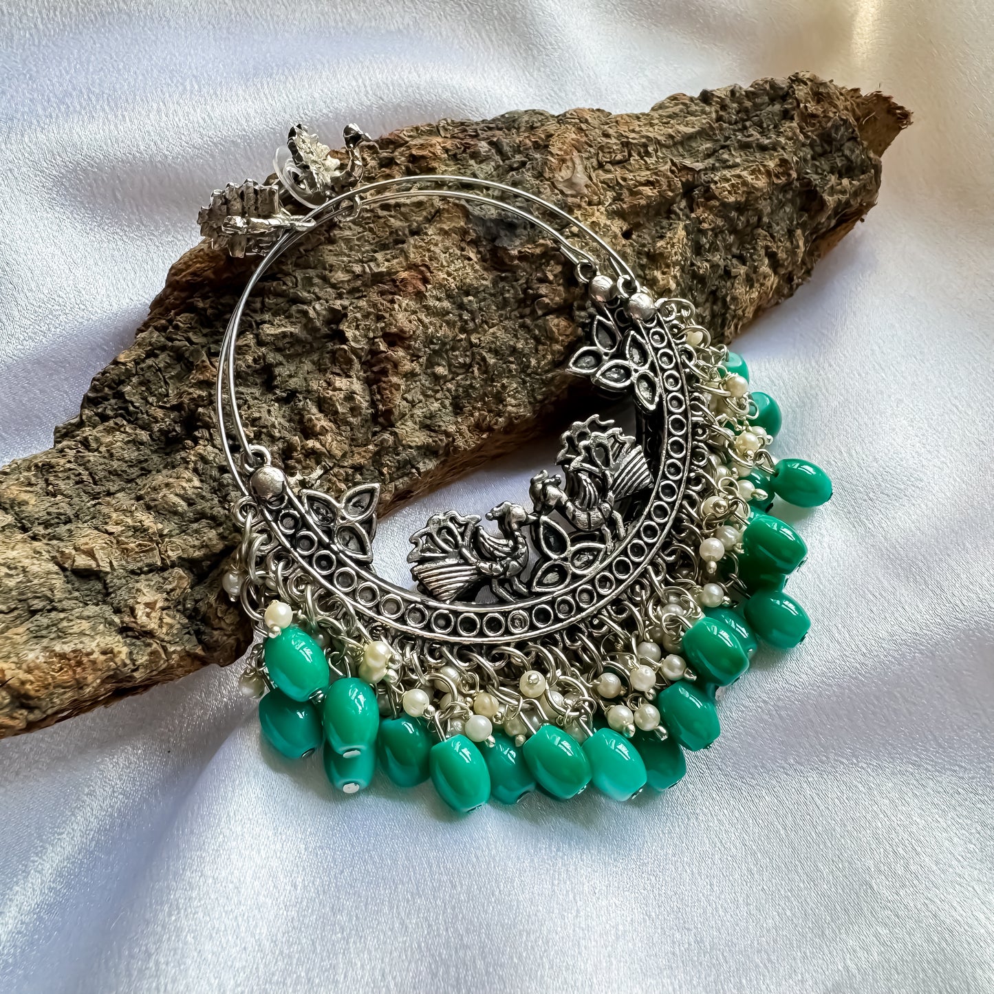 Mogra Pearl Chandbali Earrings - Teal Blue