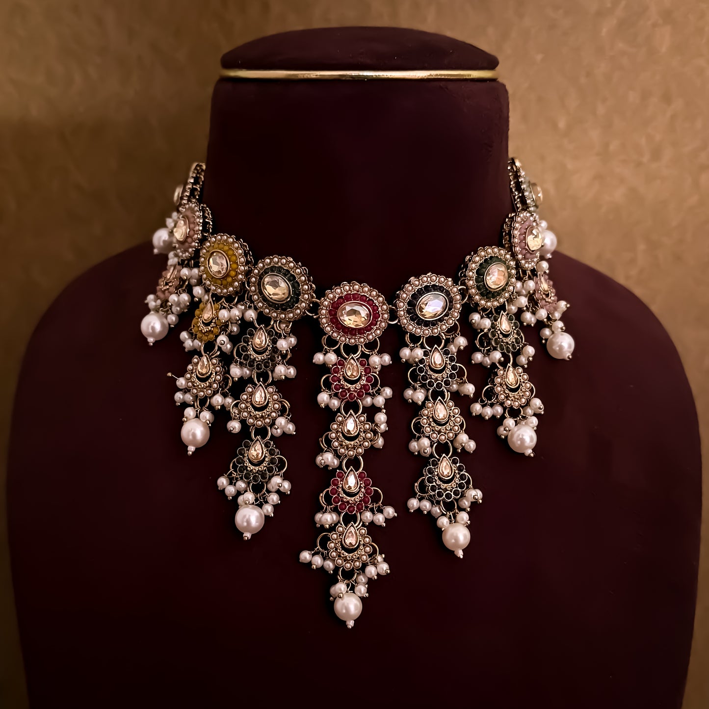 Noorani Reverse AD Necklace Set with Jhumka Sahara Earrings & Teeka - Multi