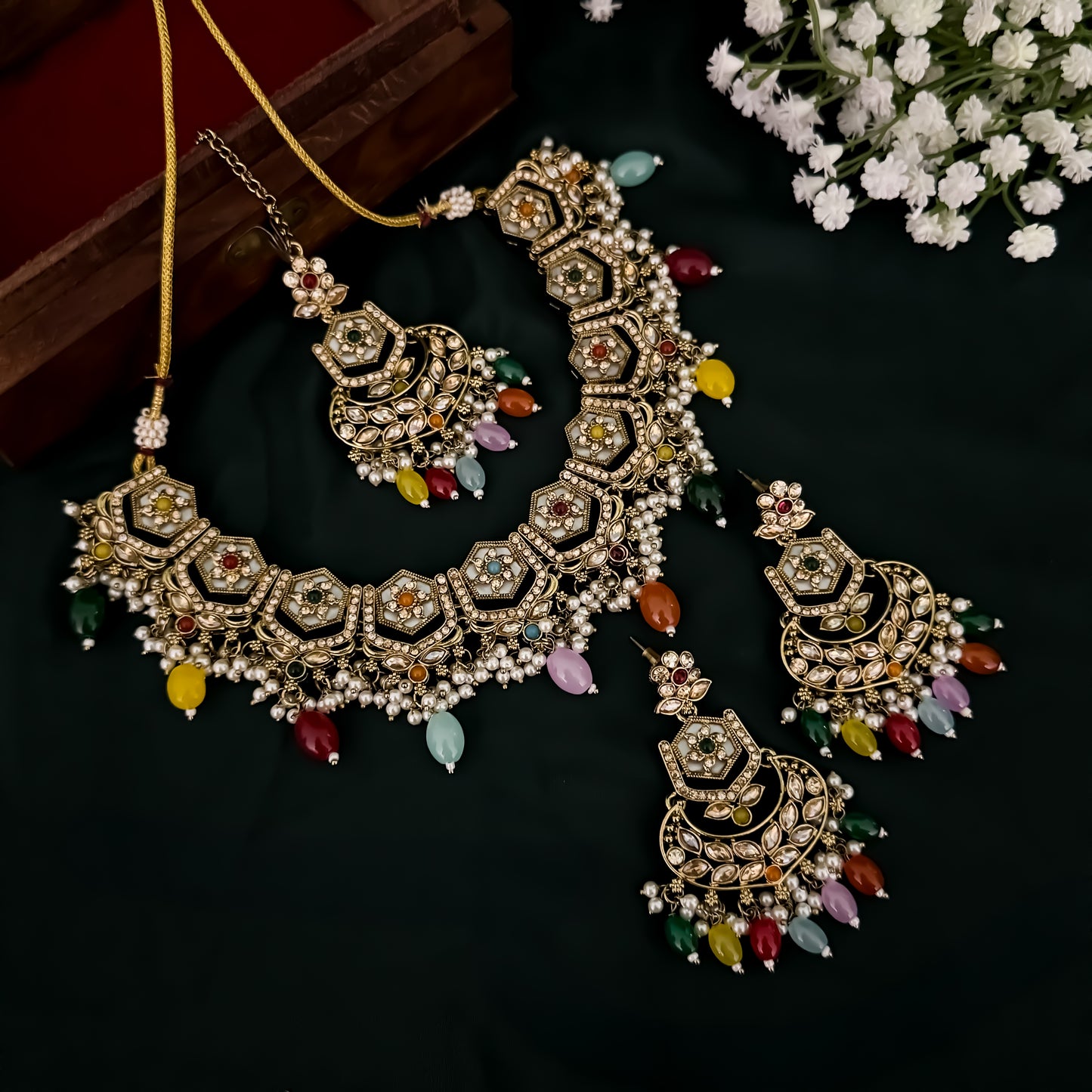 Mahal MOP Reverse AD Necklace Set - Multi