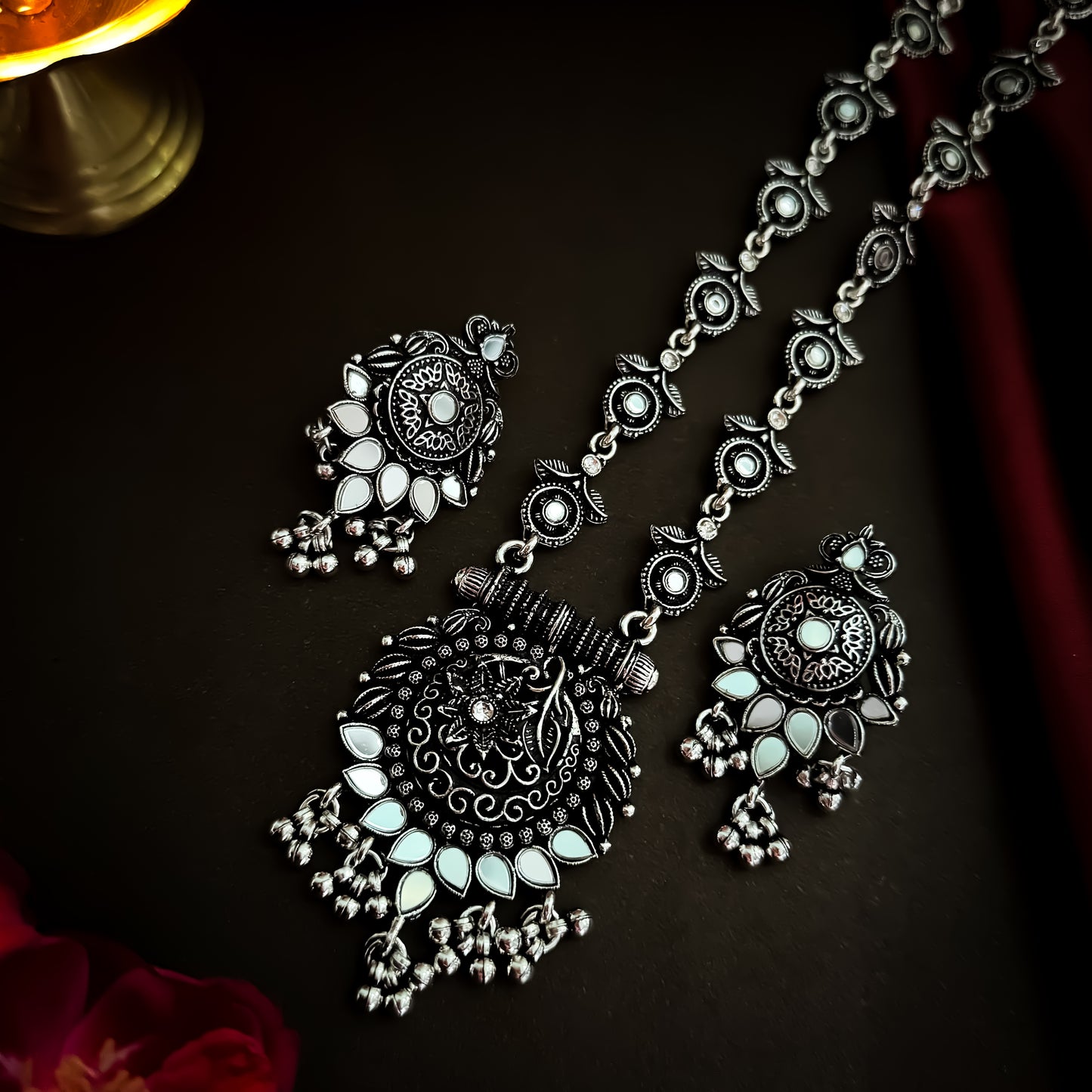 Gulaba Mirror Long Oxidised Necklace Set