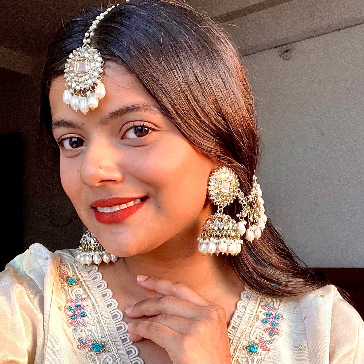 Masaba Mirror Jhumka Earrings with Sahara & Tika Set - Golden