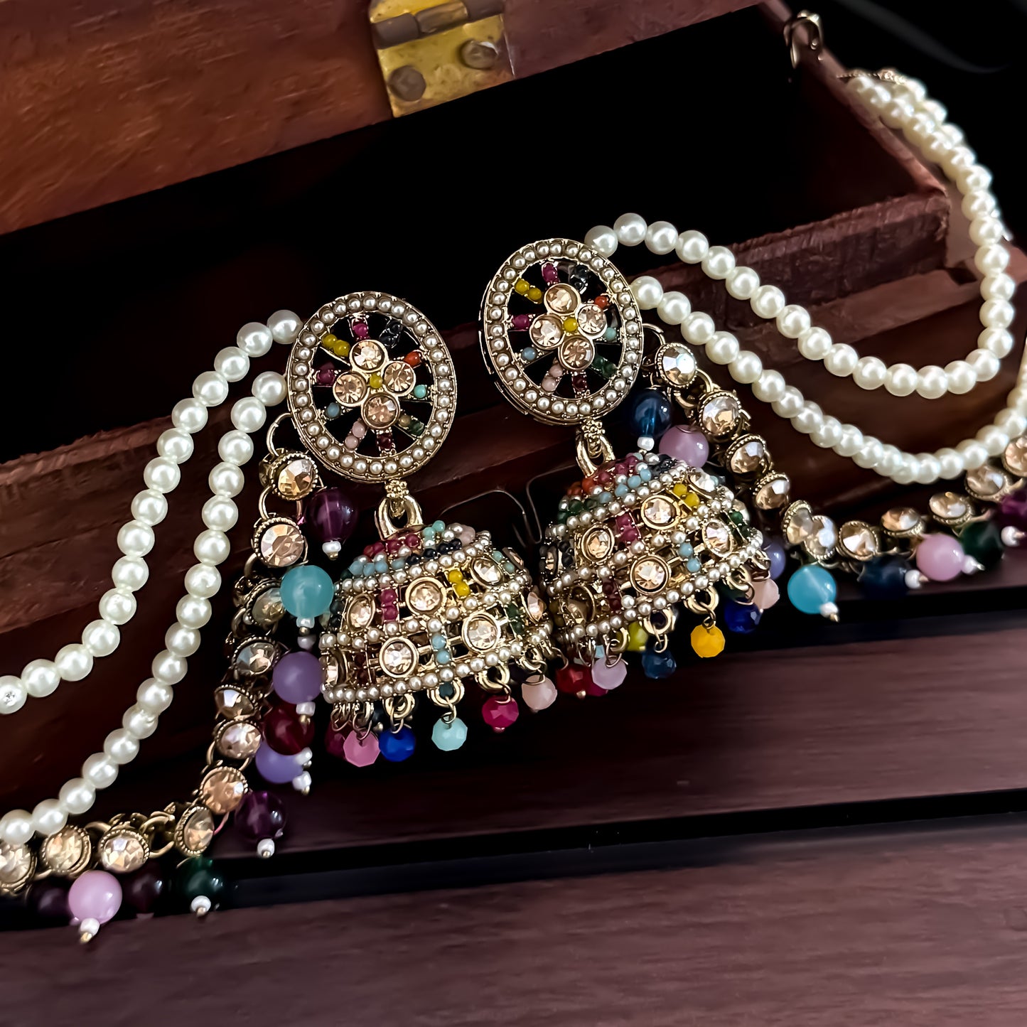Lasika Jadau Jhumka Earrings with Sahara/Earchains - Multi