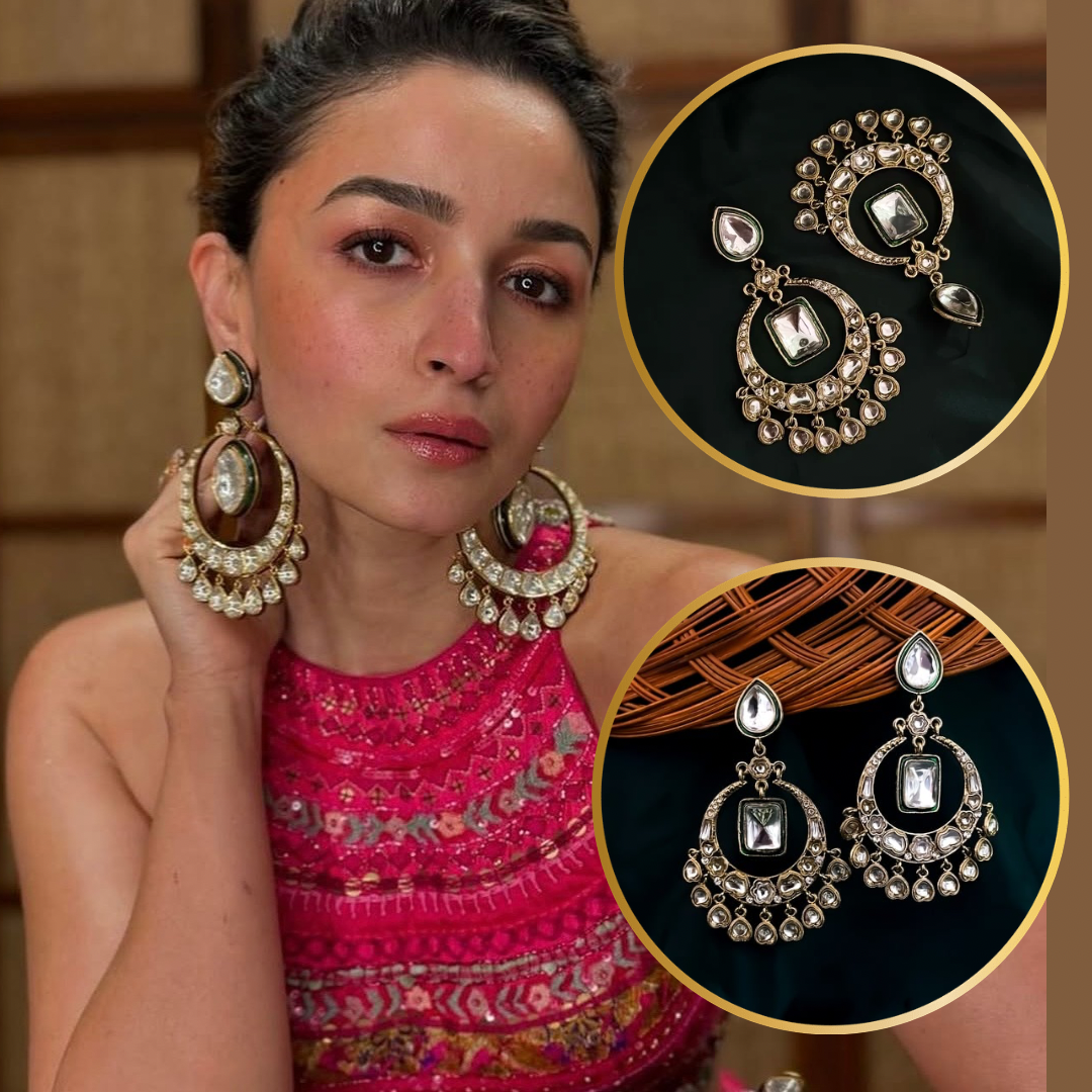 Alia Bhatt Inspired Kundan Chandbali Earrings - Golden