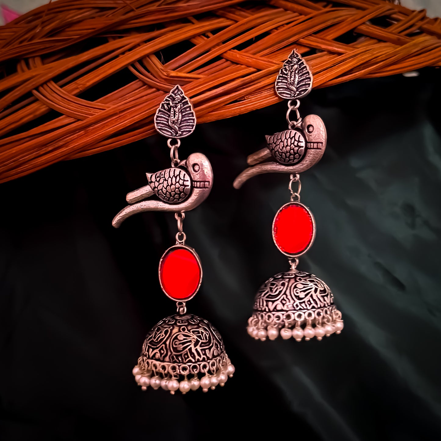 Parrot Afghani Mirror Silver Jhumka Earrings
