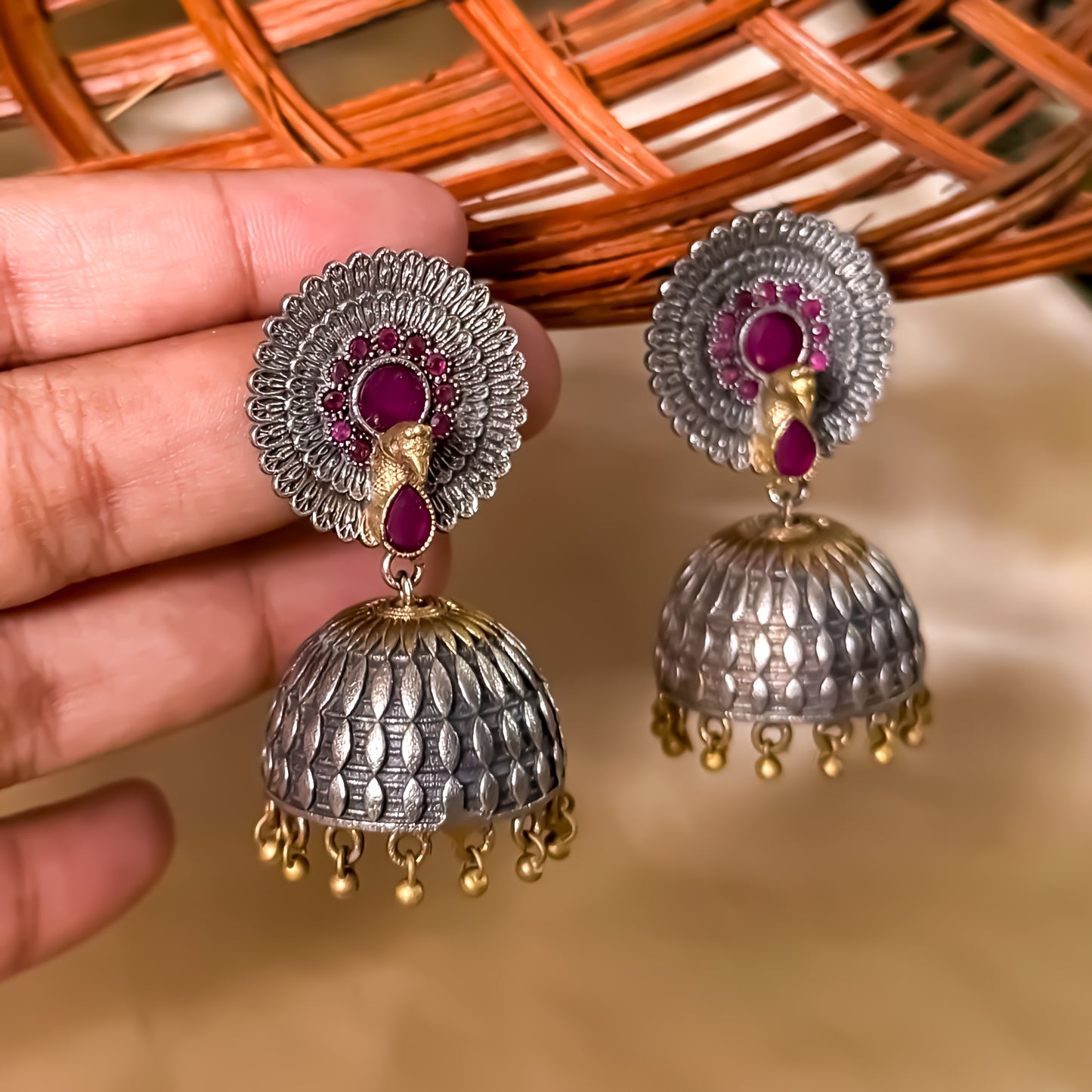 Mayuri 3D SLA Dual Tone Brass Jhumka Earring - Ruby