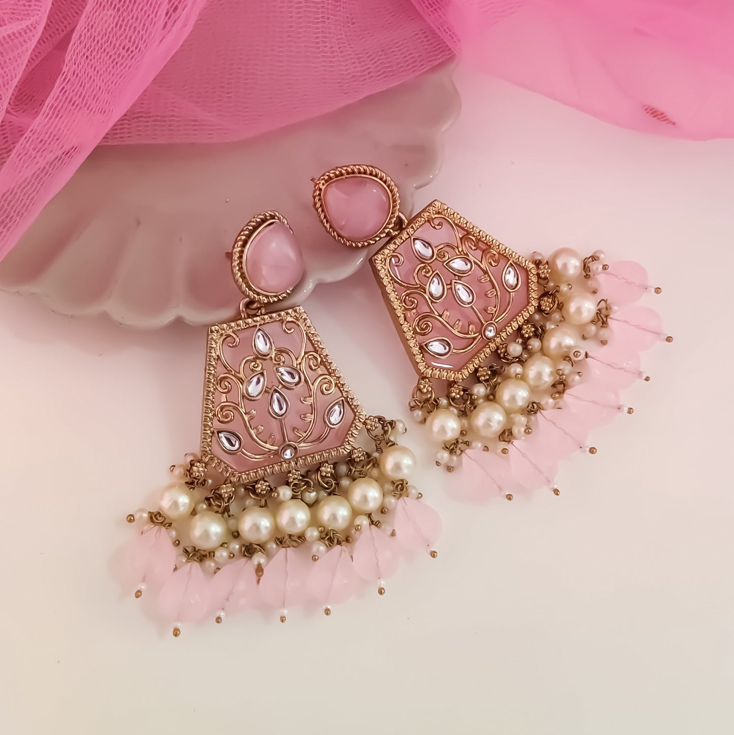 Sanskriti MOP Pearl Chandbali - Baby Pink