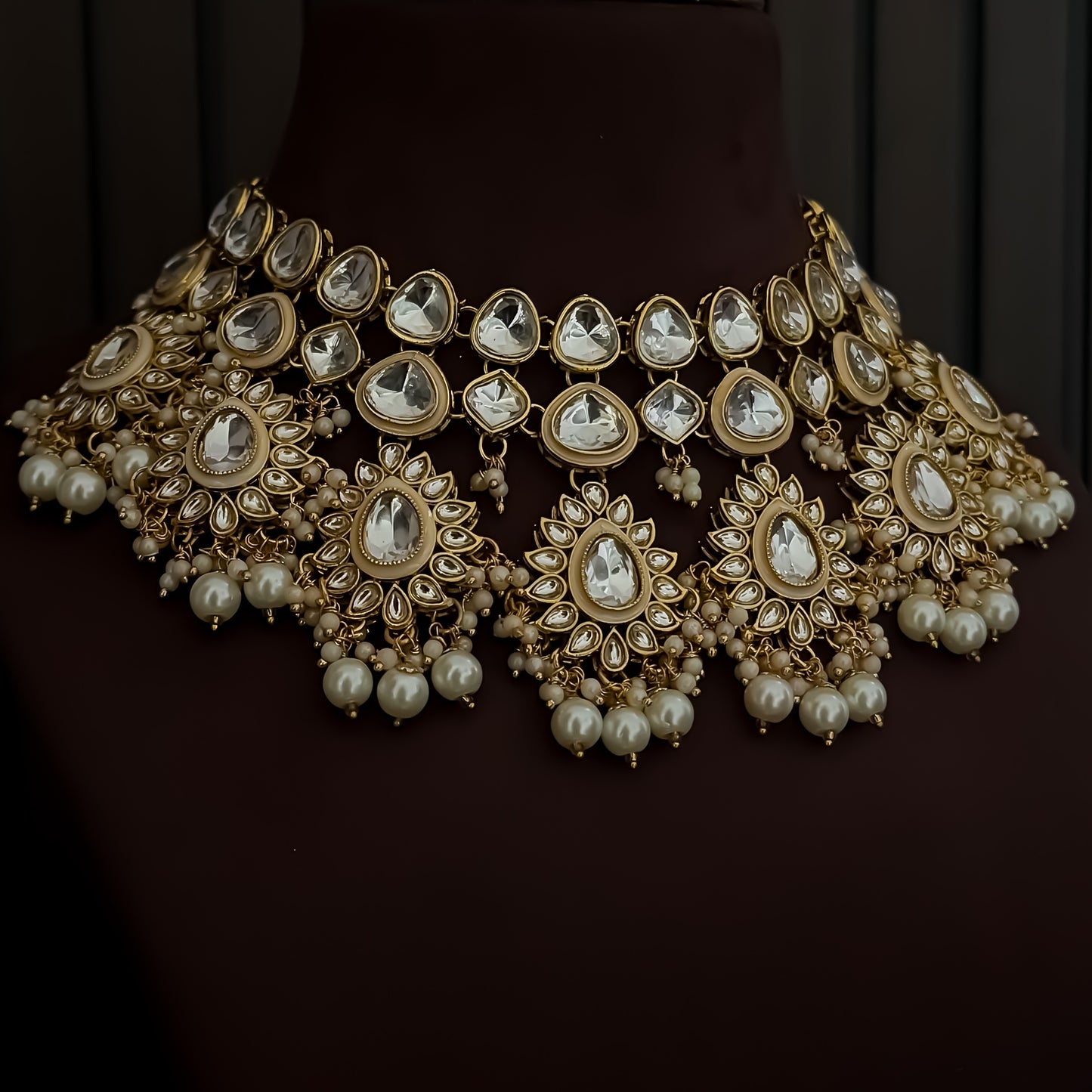 Swaraaj Premium Pearl Kundan Bridal Necklace Set - Golden