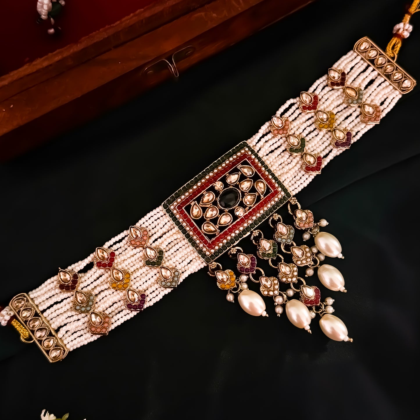 Junaira Jadau Reverse AD Necklace Set with Sahara Earrings & Teeka - Multi