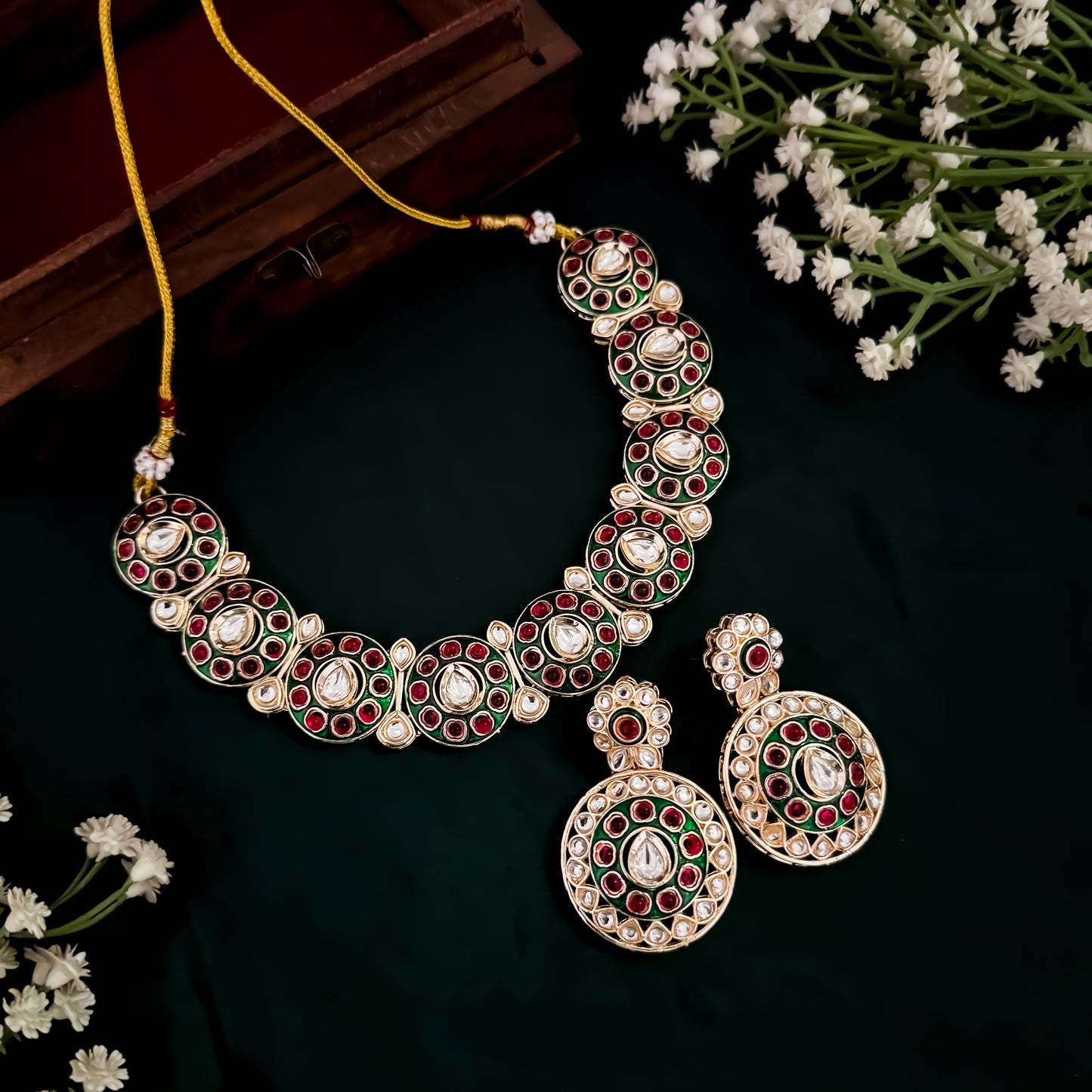 Brinda Kundan Necklace Set- Pink & Green