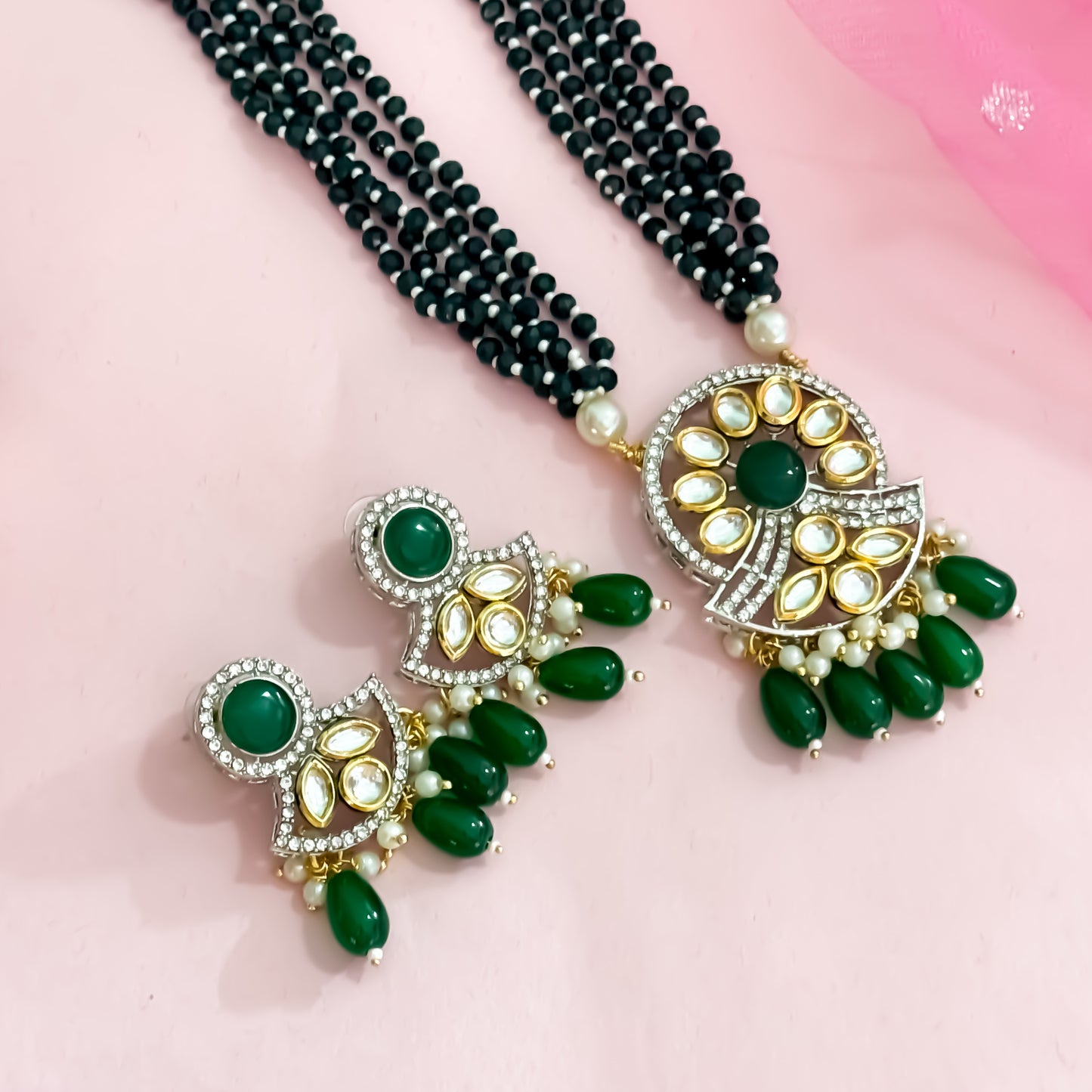 Jasneer Kundan Raani-Haar Necklace Set - Green