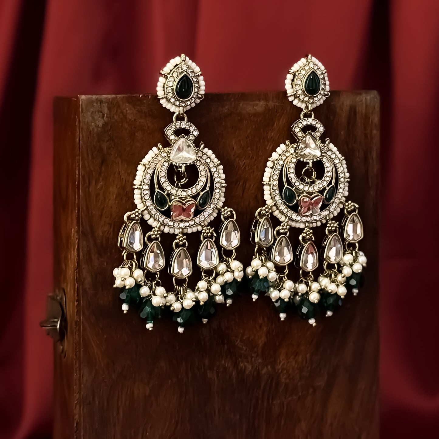 Athiya Kundan Pearl Premium Chandbali Earrings - Green