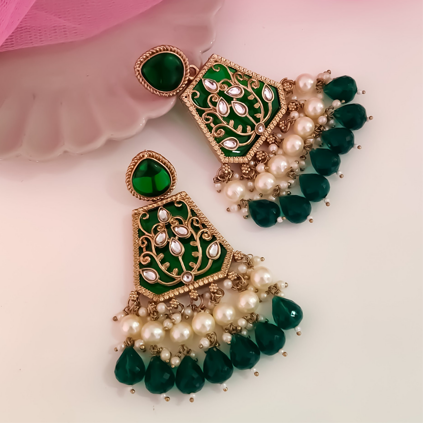 Sanskriti MOP Pearl Chandbali - Green