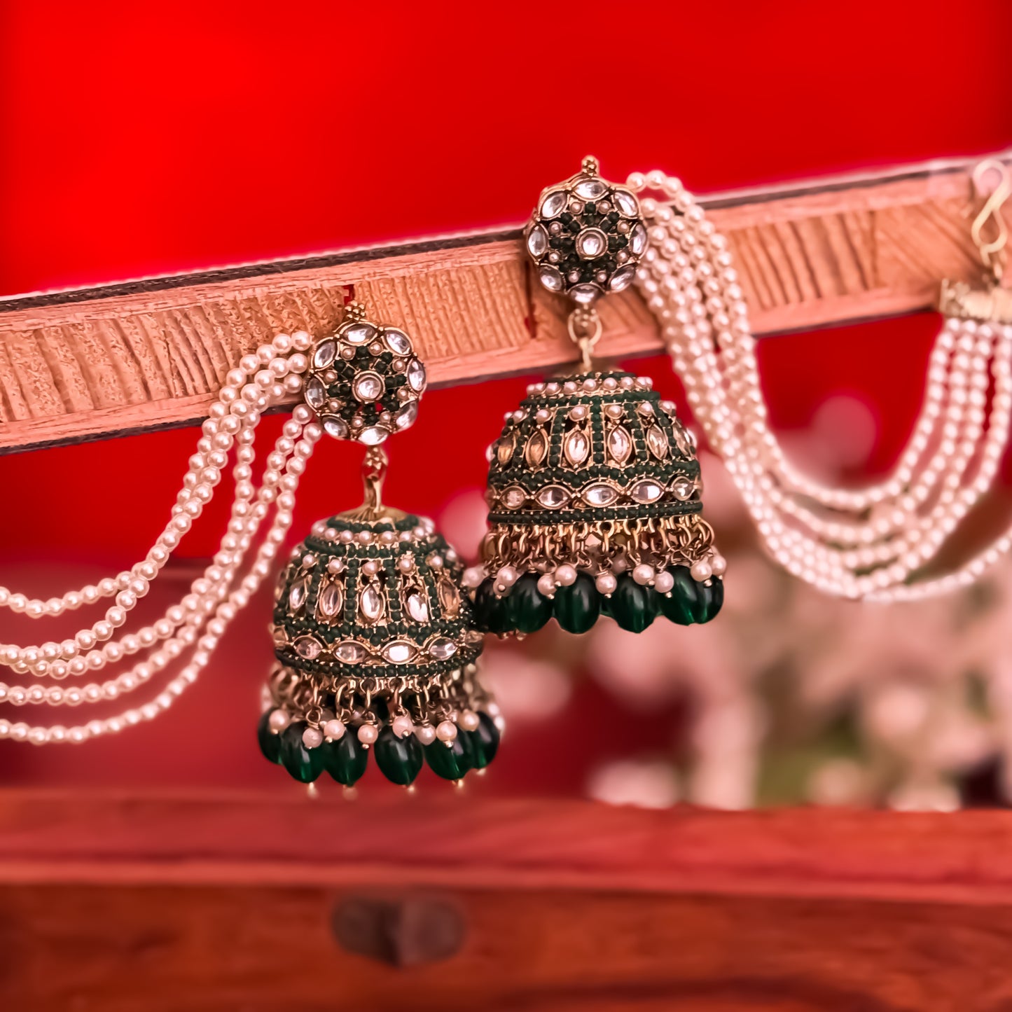 Mehvish Jadau Reverse AD Jhumka Earrings with Earchain - Green