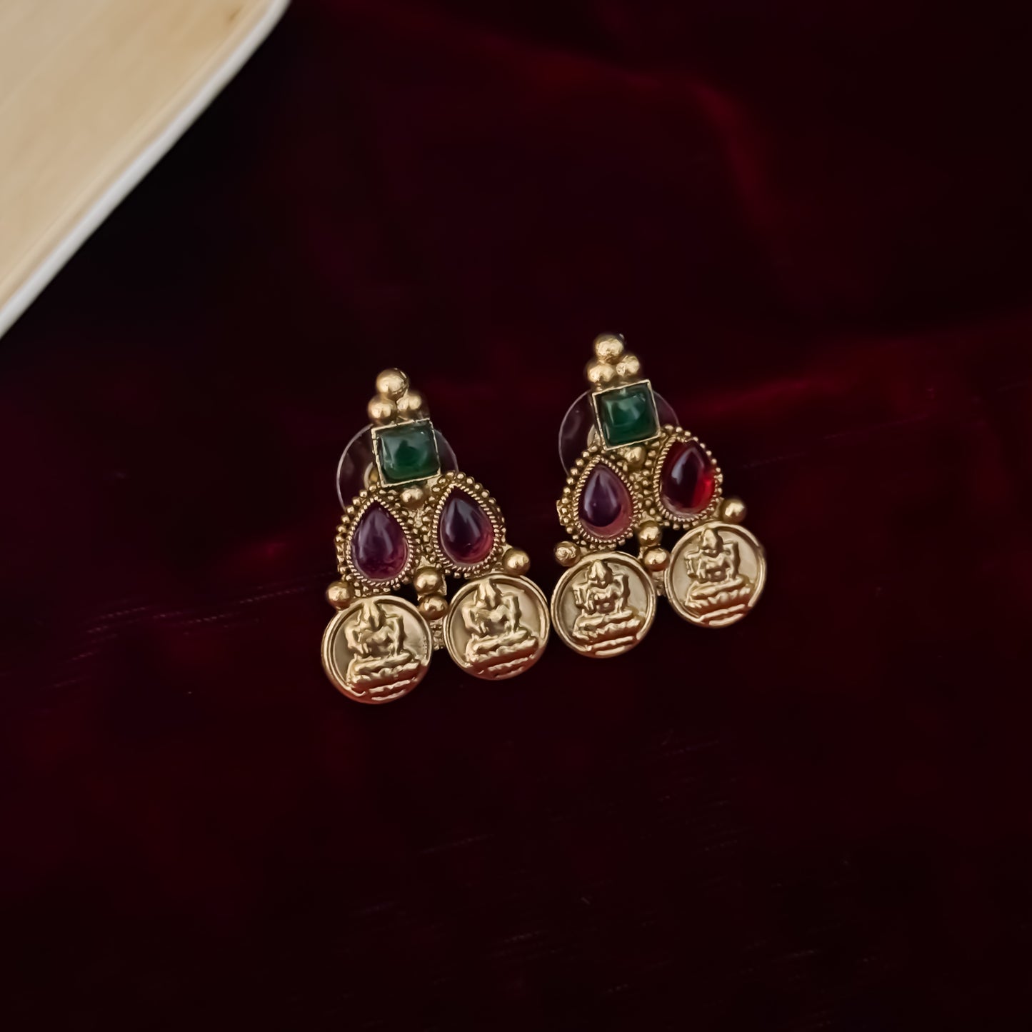 Padma premium antique gold temple kasu mala necklace set featuring double rows of sculpted goddess lakshmi coins pink and green stones with matching earrings