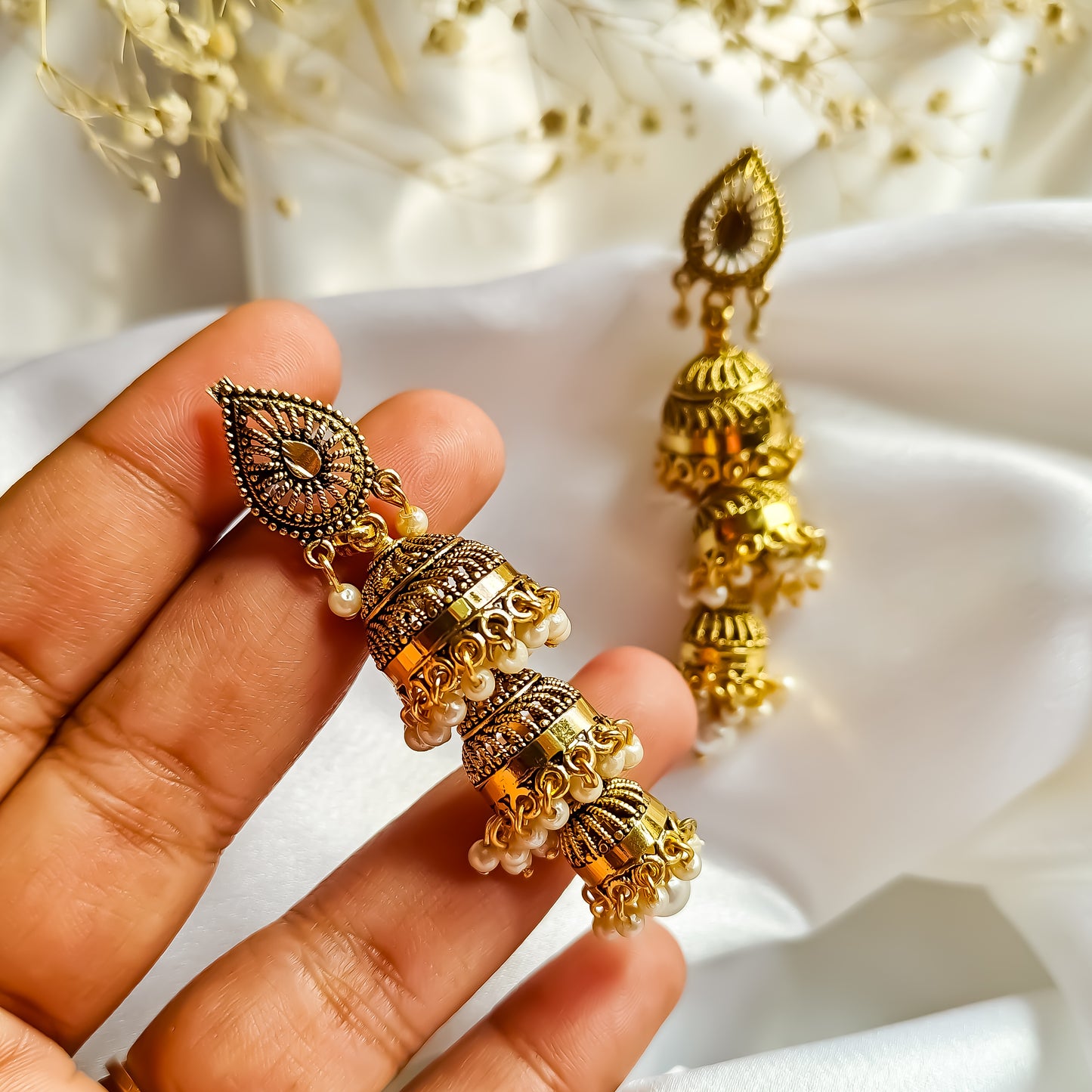 Triple Layered Floral Golden Jhumki