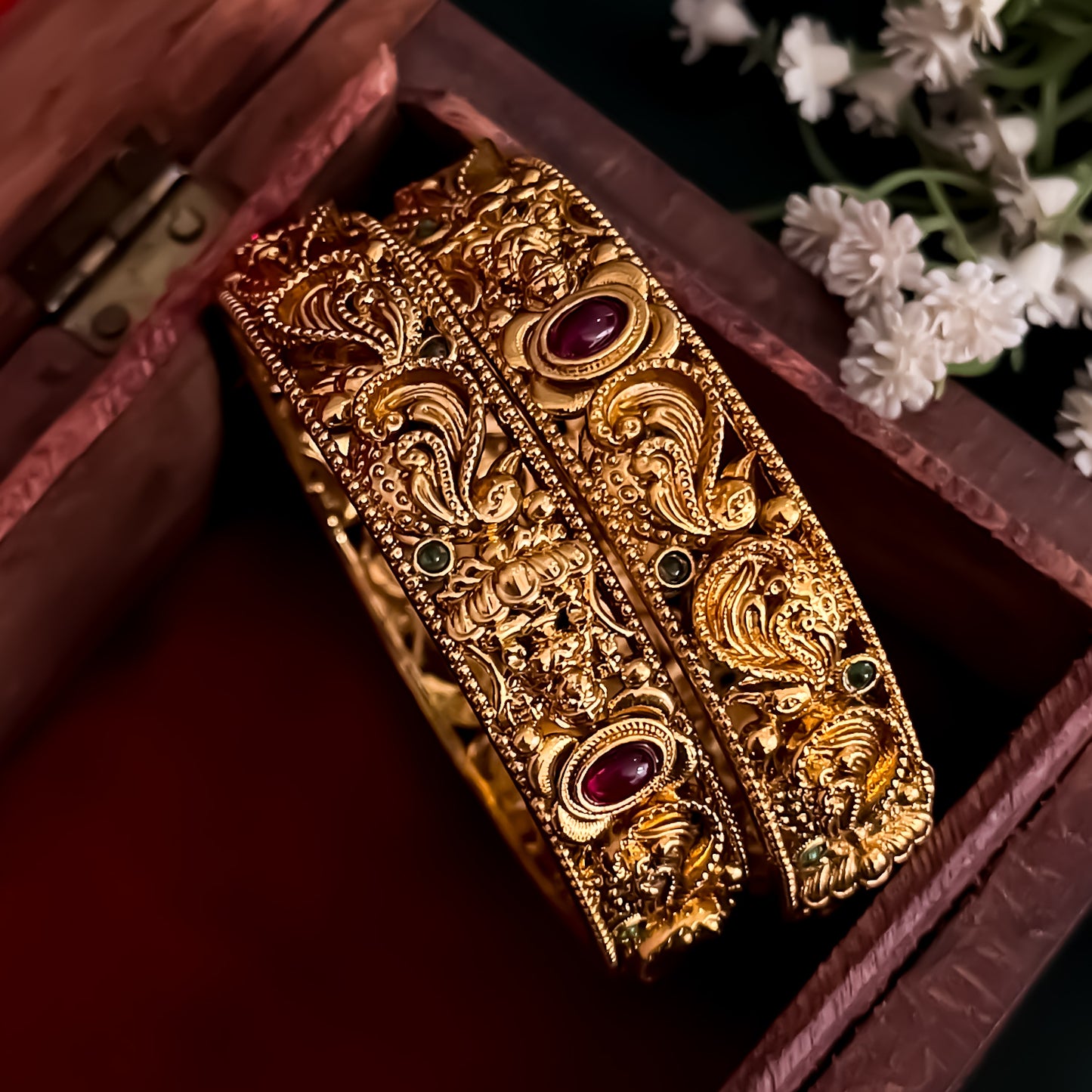 Padmini Peacock Temple Gold Bangles - Set of 2 (Golden)