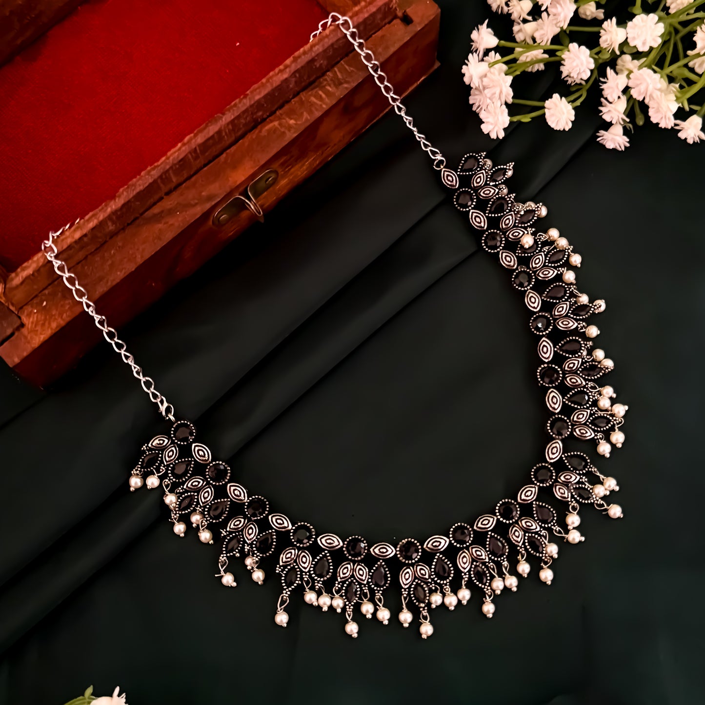 Kimaya Silver Oxidised Necklace Set- Black