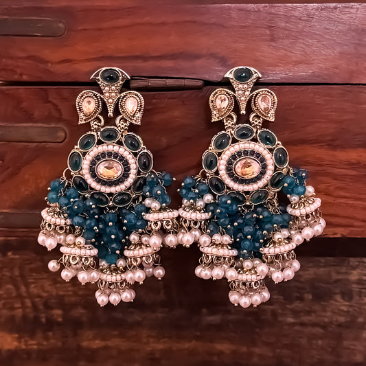 Heer Pearl Jhumka Chandbali Earrings - Peacock Blue