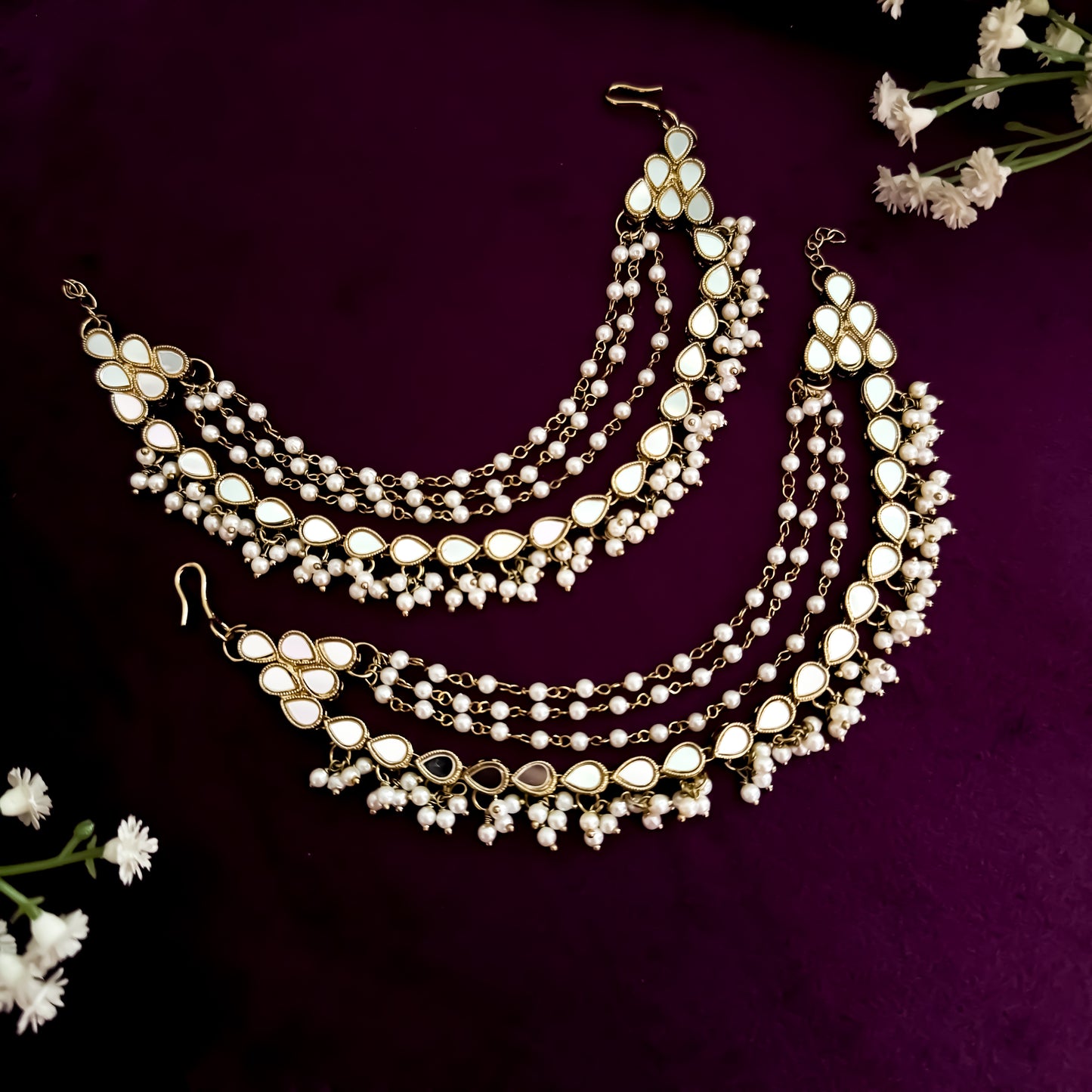 Miraya Bahubali 4 Layer Pearl & Mirror Earrchains/Sahara/Kaanchain Pair