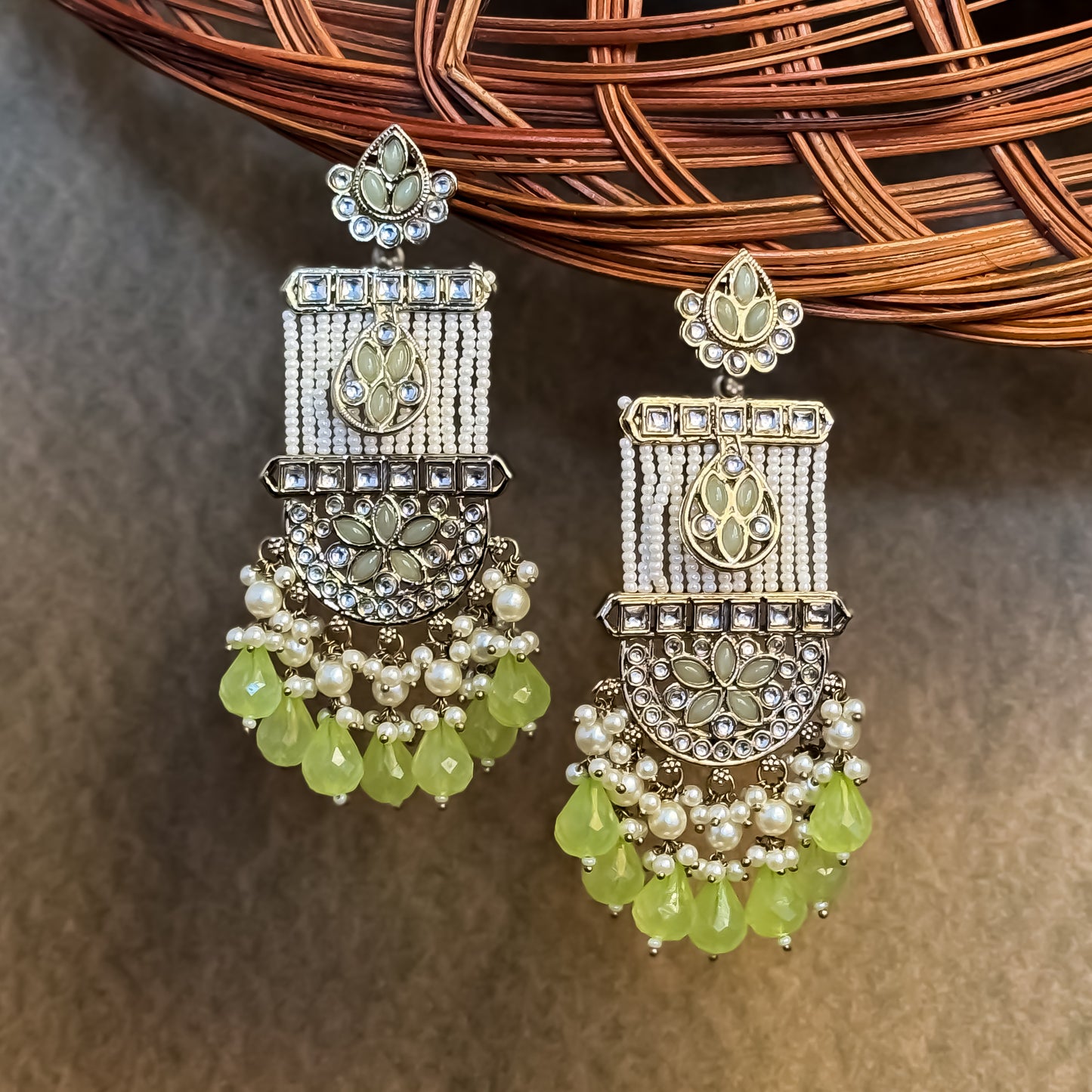 Kamya Pearl Chandbali Earrings- Lemon Green