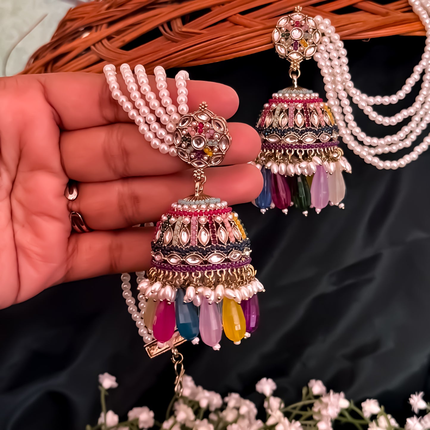 Mehvish Jadau Reverse AD Jhumka Earrings with Earchain - Multi