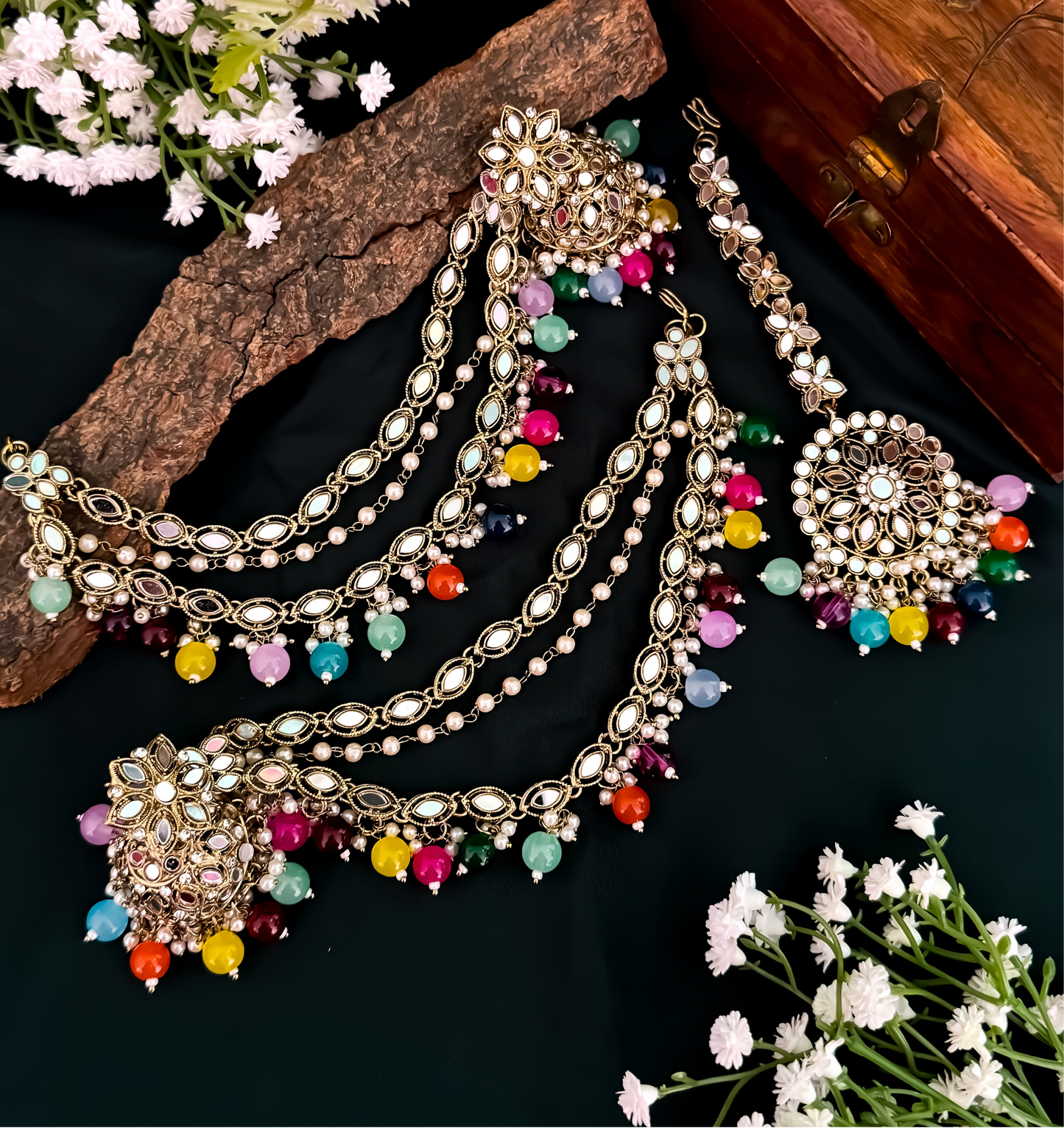 Mehek Mirror Jhumka Earrings with Sahara & Teeka- Multi