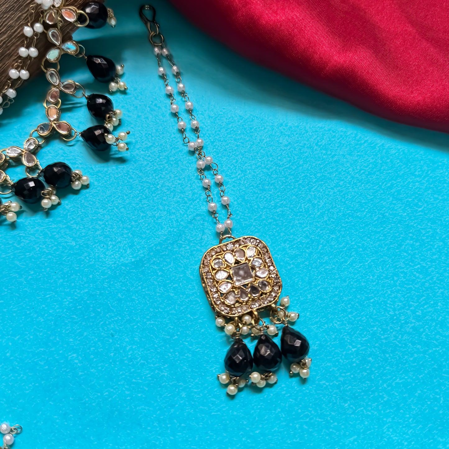 Mohika Mirror Jhumka Earrings with Sahara & Tika Set - Black
