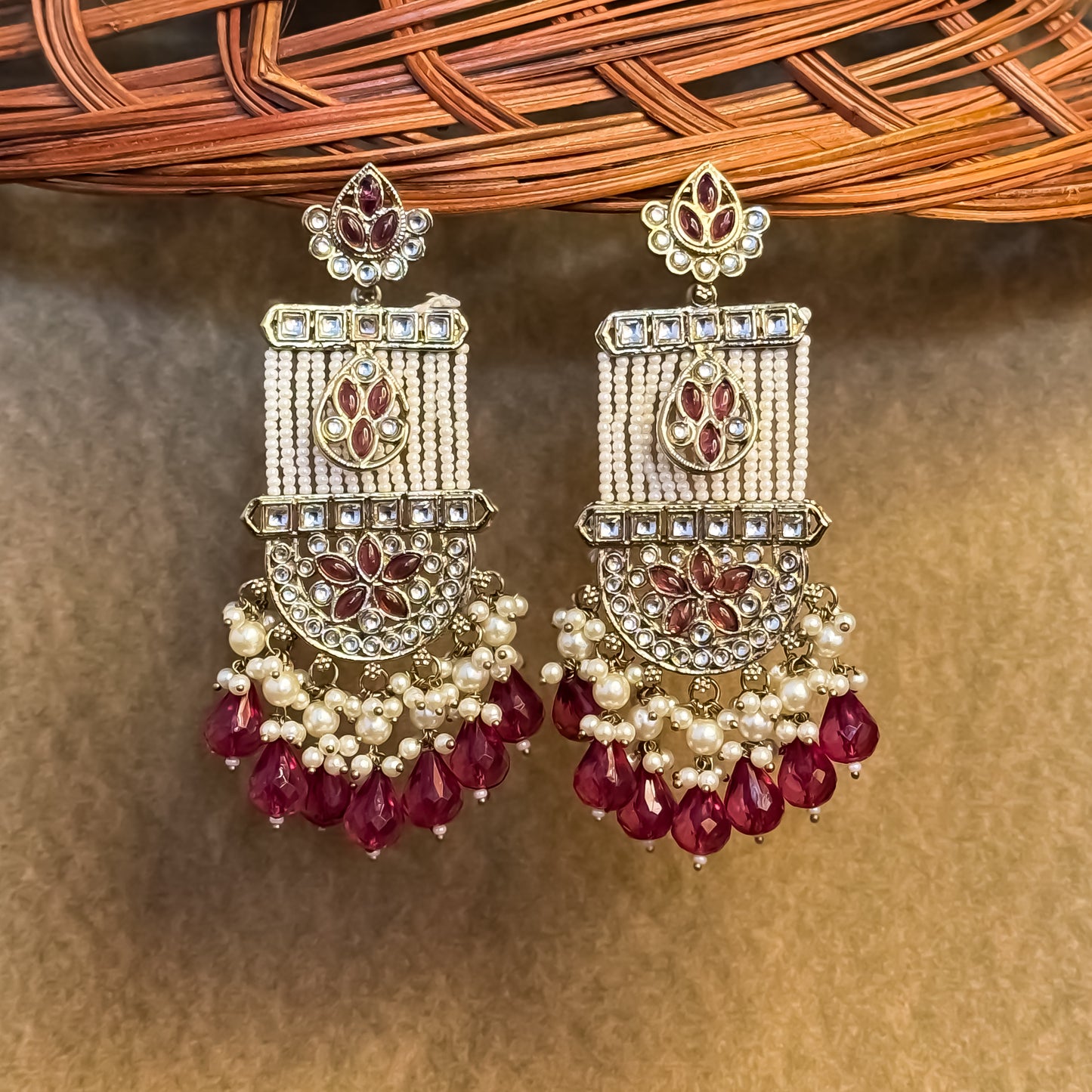 Kamya Pearl Chandbali Earrings- Wine