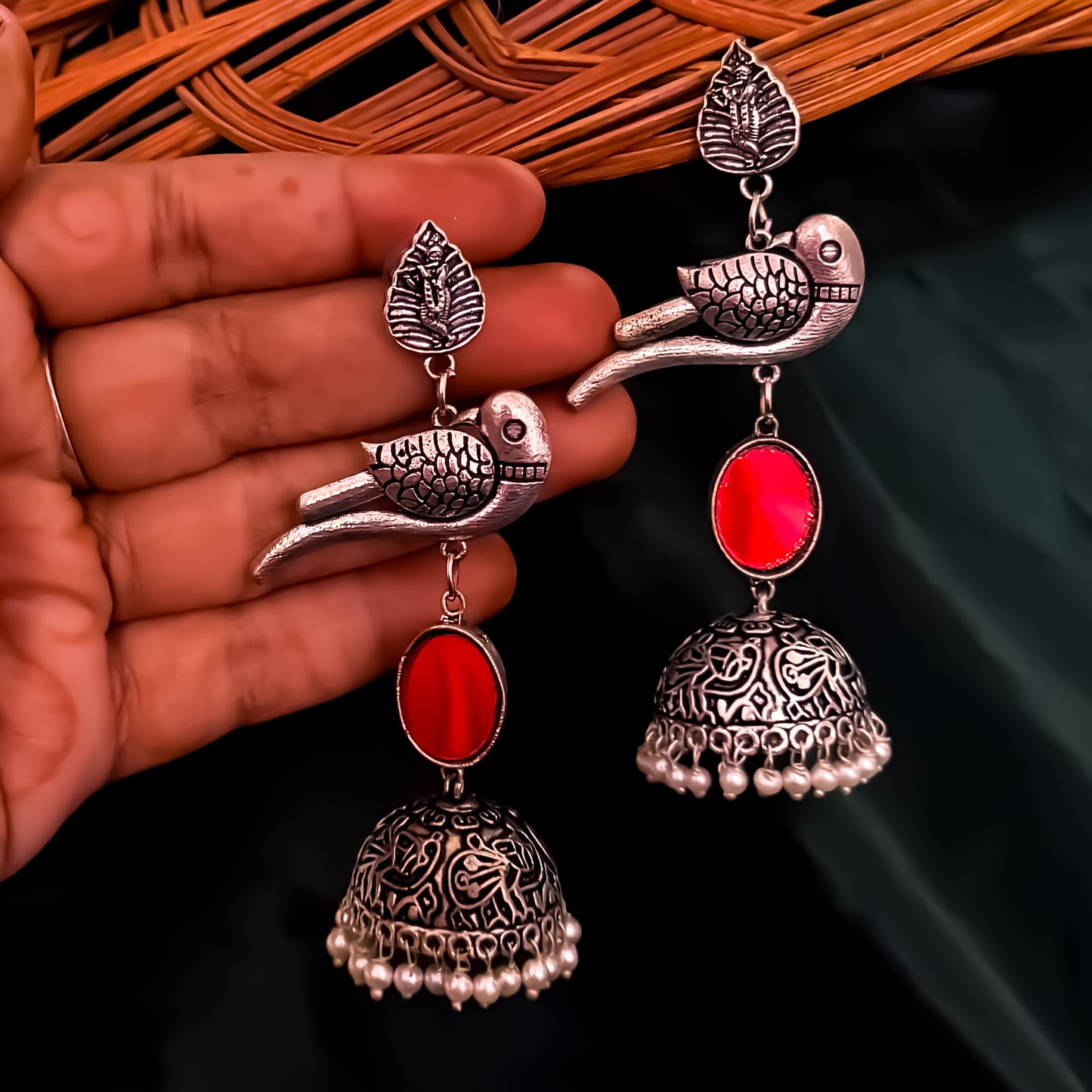 Parrot Afghani Mirror Silver Jhumka Earrings