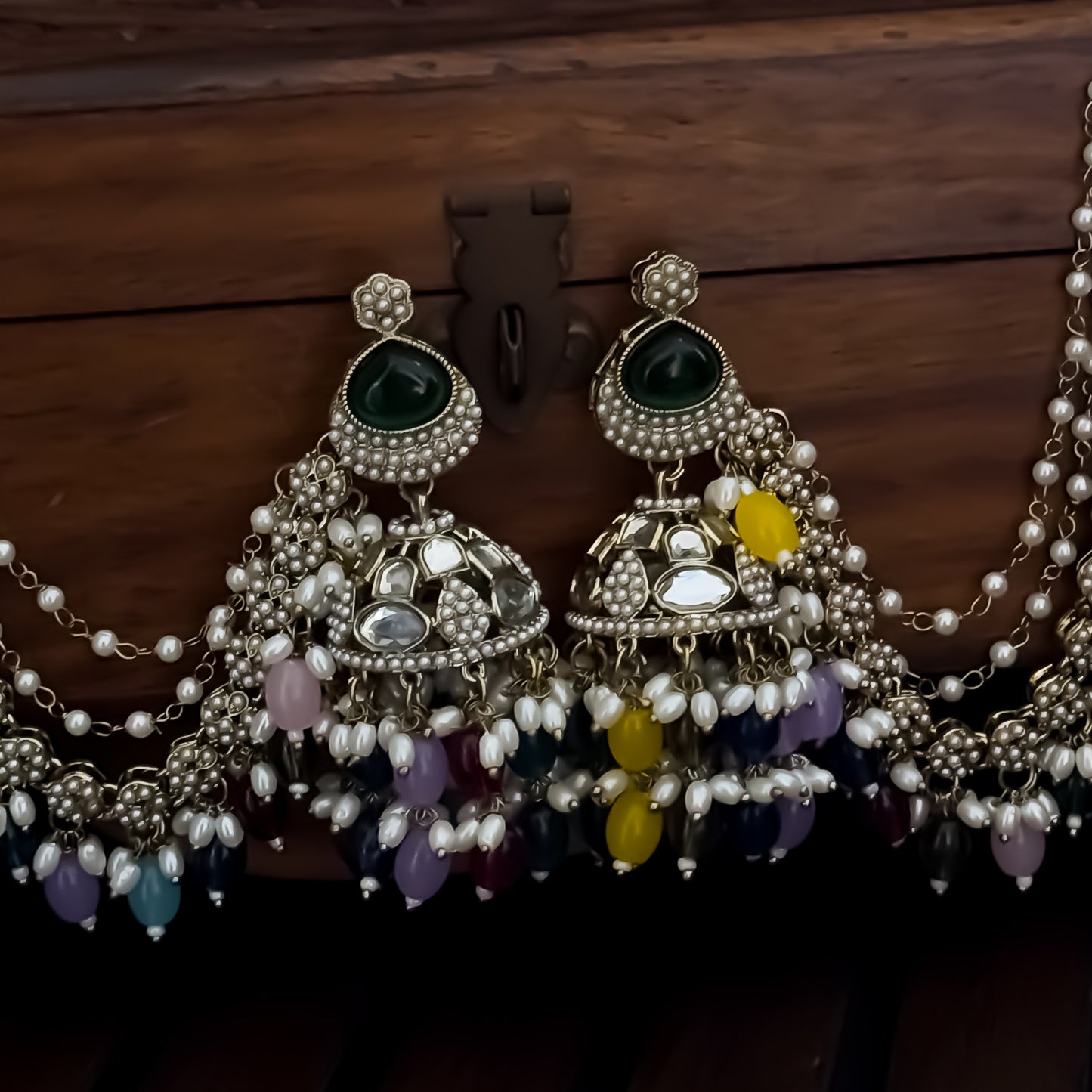 Kirat Jadau Mirror Jhumka Earrings with Sahara/Earchains - Multi