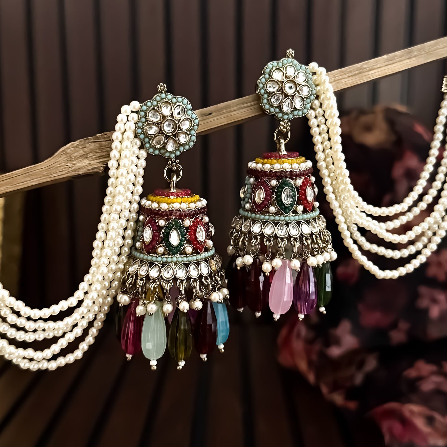 Meher Jadau Reverse AD Jhumka Earrings with Earchain - Multi