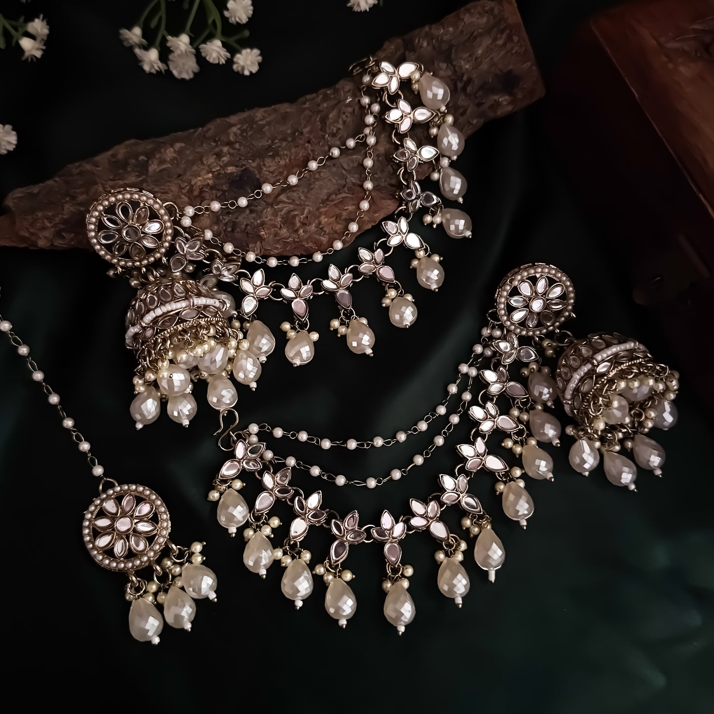 Kashish Jadau Mirror Jhumka Earrings with Sahara/Earchains - Golden
