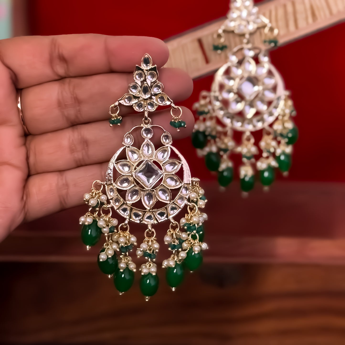 Yashi Kundan Chandbali Earrings - Green