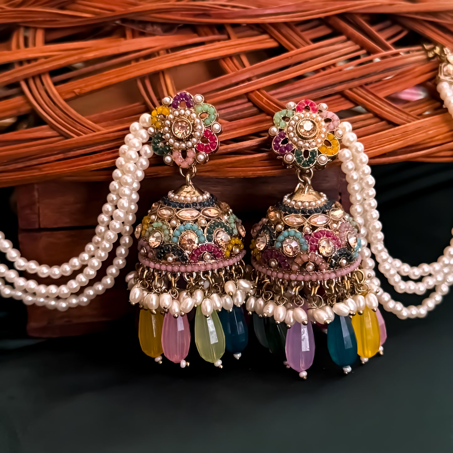 Mahtaab Jadau Reverse AD Jhumka Earrings with Earchain & Teeka - Multi